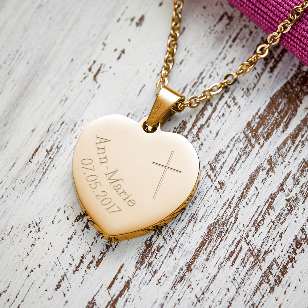 Herz Anhänger Kette mit Gravur - Gold - Kreuz - Personalisiert
