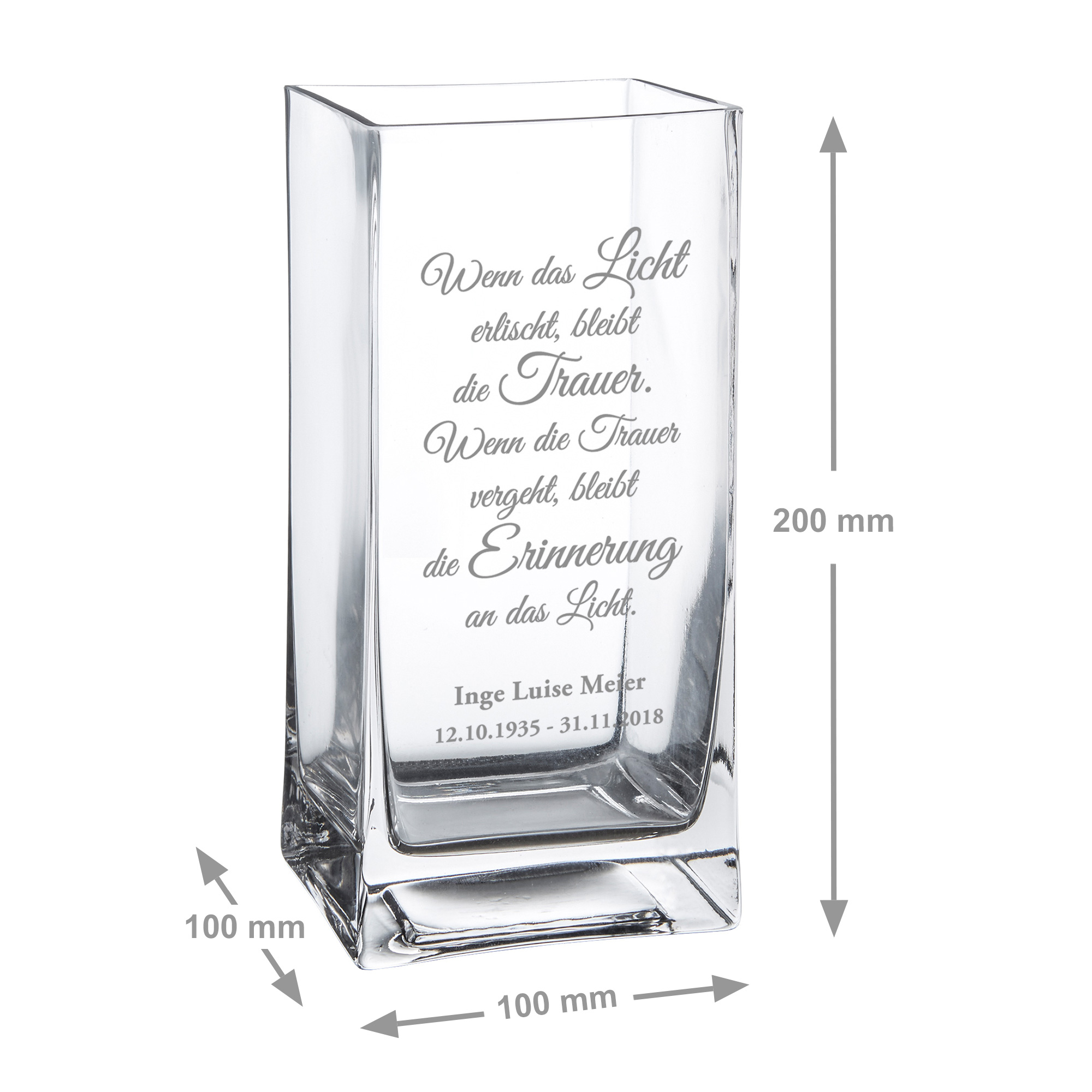 Gläserne Vase mit Gravur Trauer personalisiert