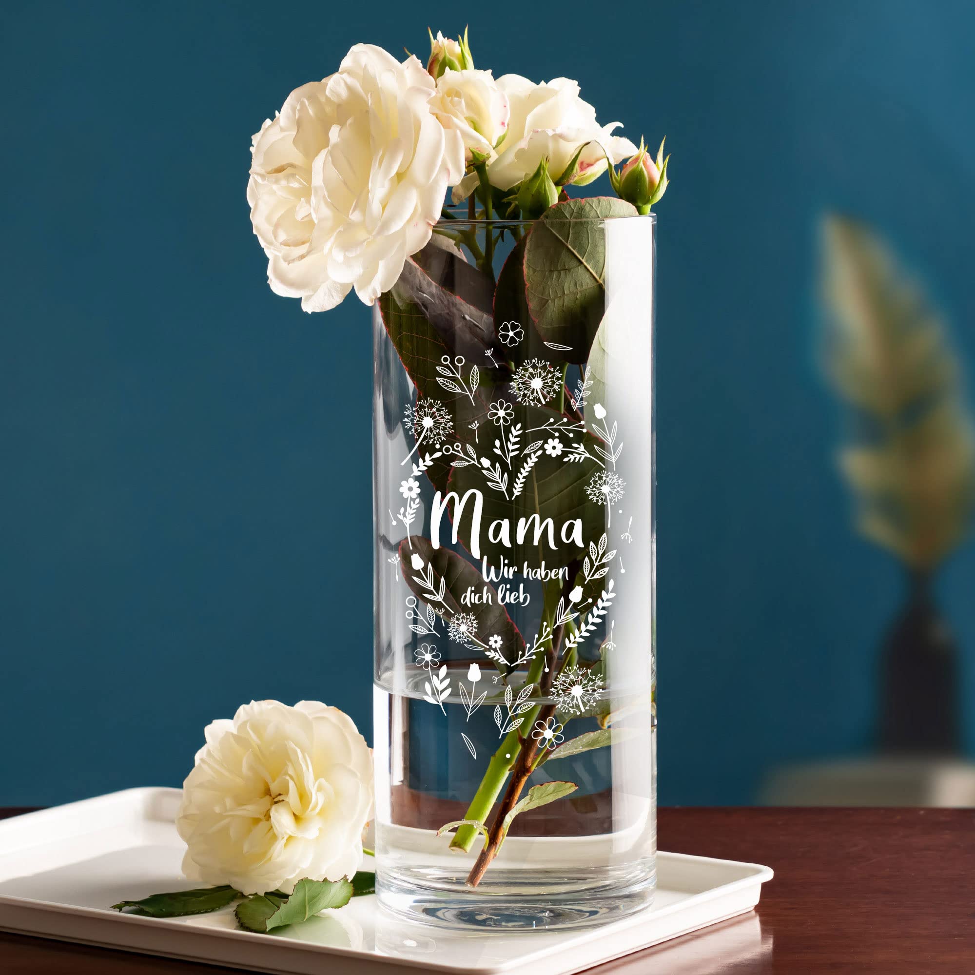 Runde Vase mit Gravur - Blumenherz Mama