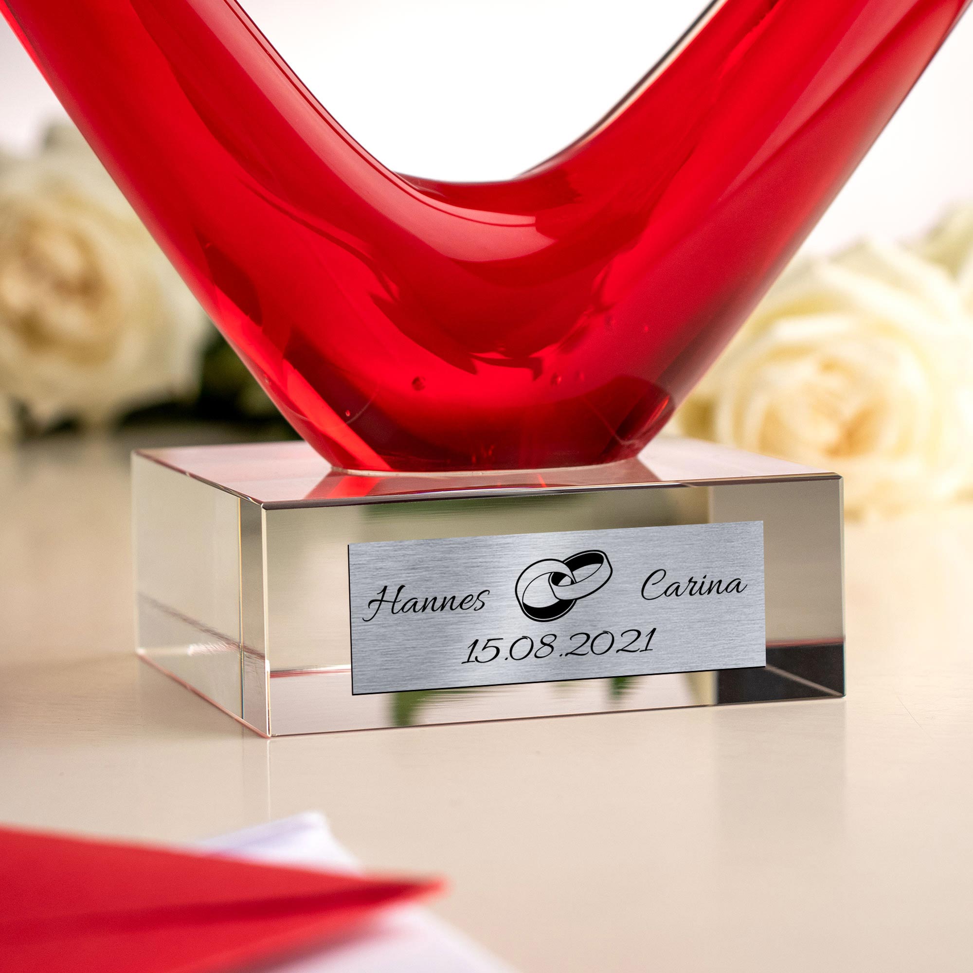 Herz aus Glas mit Gravur zur Hochzeit - Ringe - Personalisiert