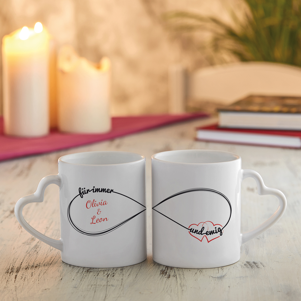 Bedruckte Tasse - 2er Set Herz Henkel - Unendlichkeit