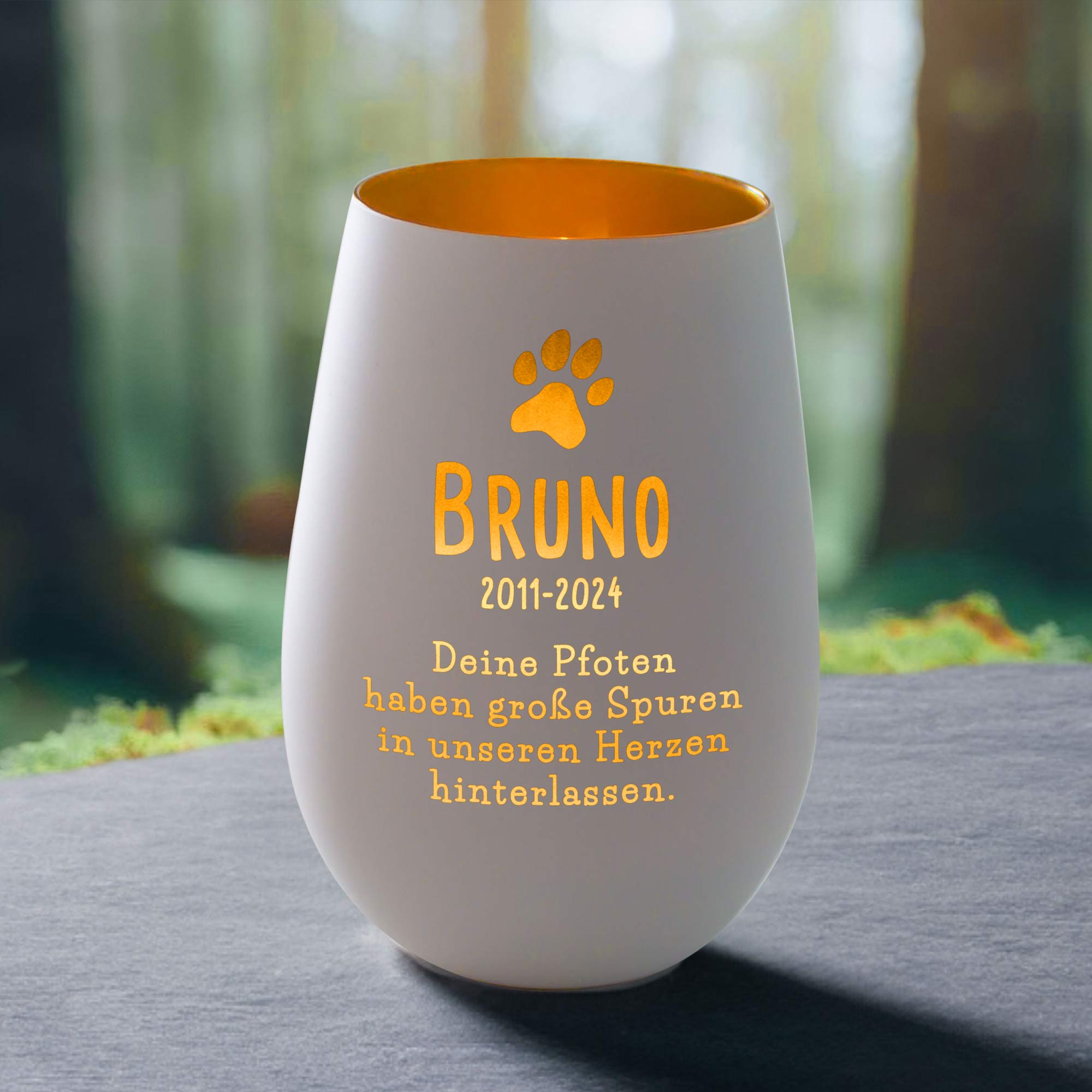 Windlicht mit Trauer Gravur für Hund - Weiß