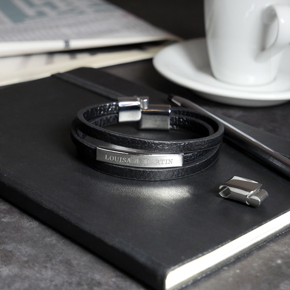 Lederarmband - 3er schmal - Schwarz - 2 Namen - Personalisiert