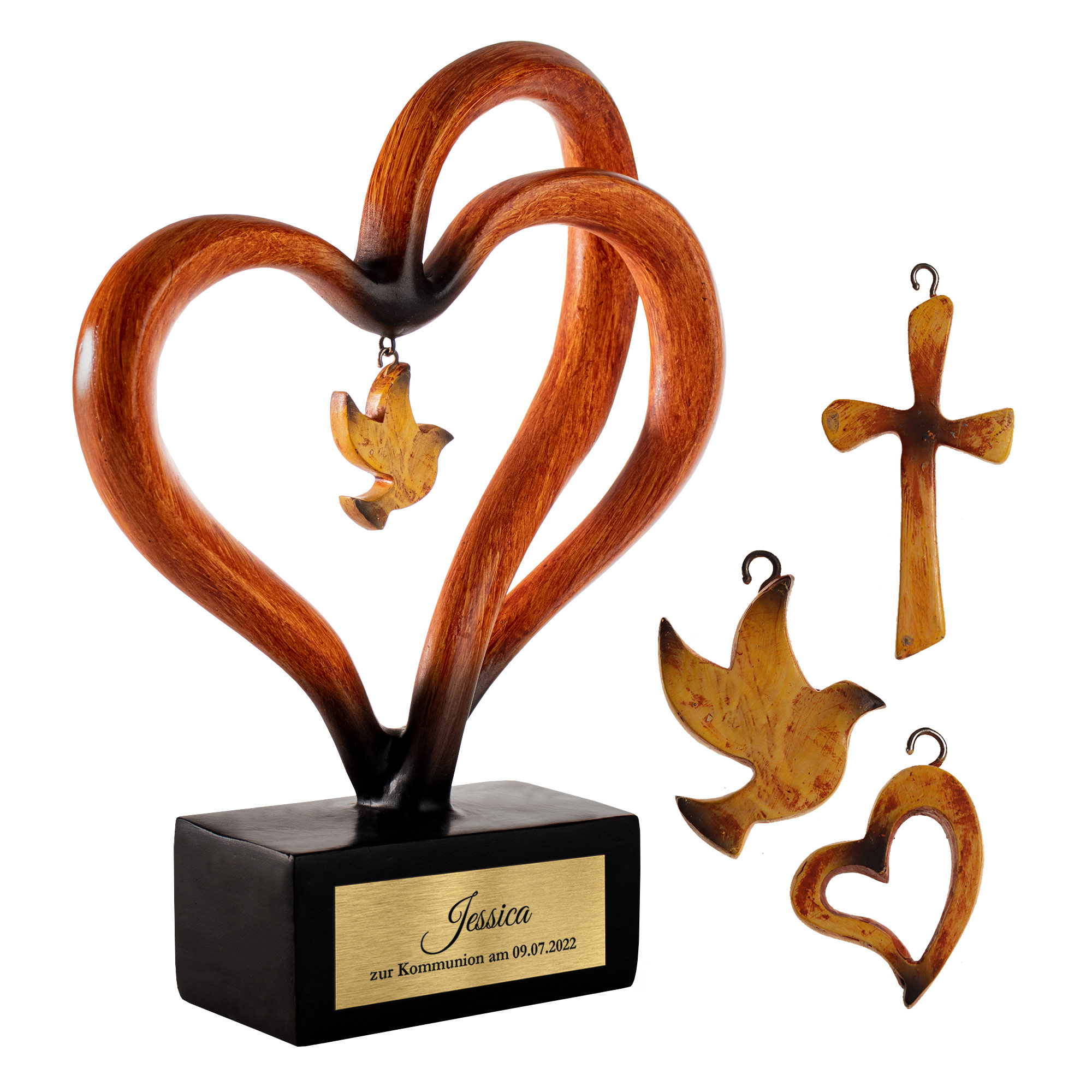 Skulpturen Deko in geschwungener Herzform, Dekoherz als Geschenk zur Kommunion, Gravierte Herz Deko mit Erinnerungswert, Herzskulptur zur Kommunion