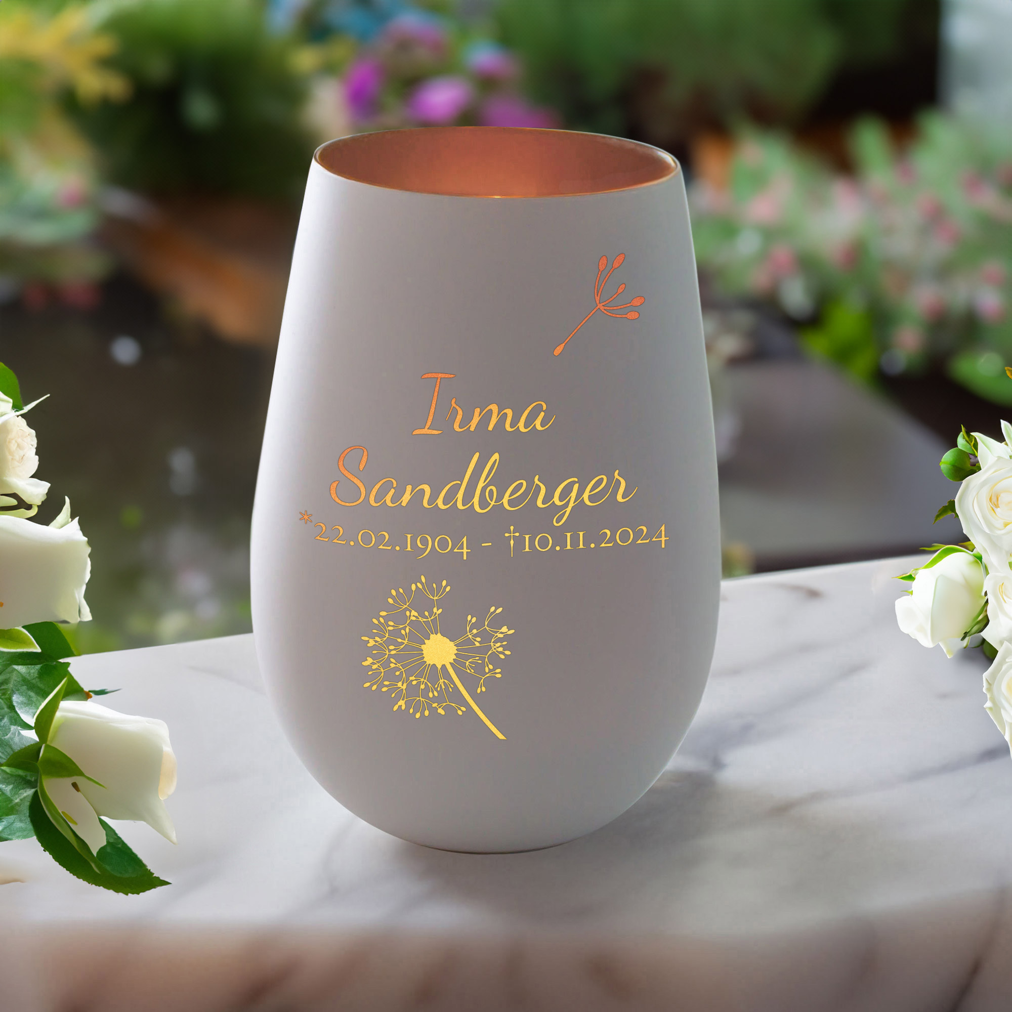 Windlicht mit Trauerblume Gravur - Weiß Bronze