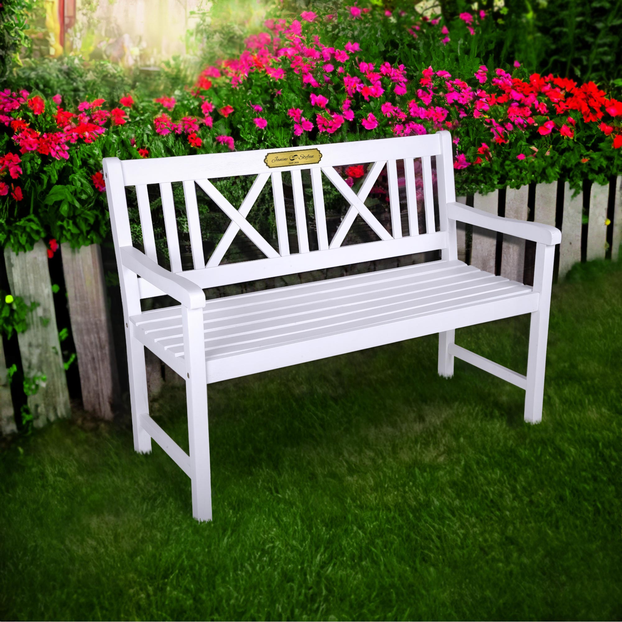 Gartenbank zur Hochzeit 2 Sitzer mit Gravur - Weiß