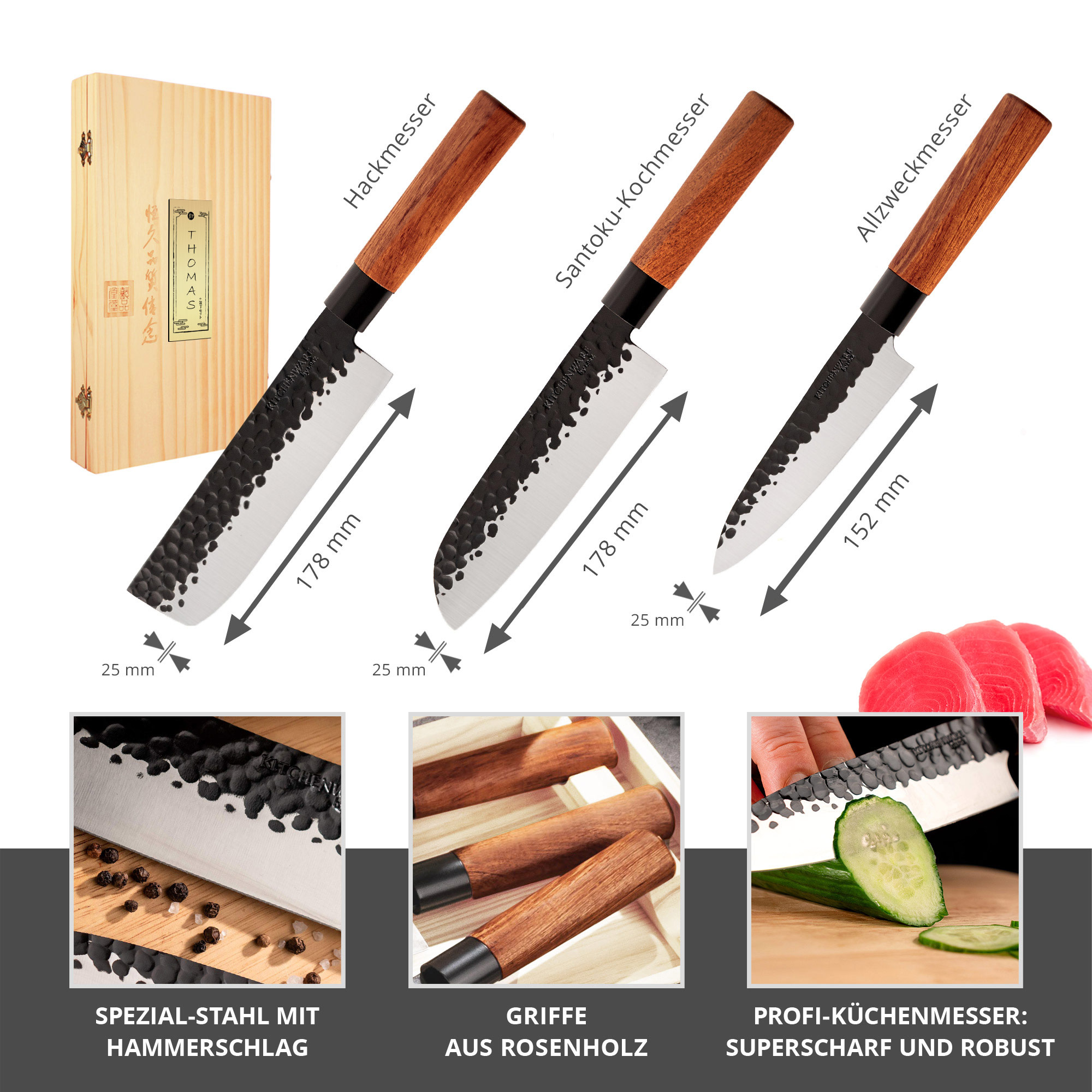 Küchenmesser in Holzbox mit Gravur - 3er Set