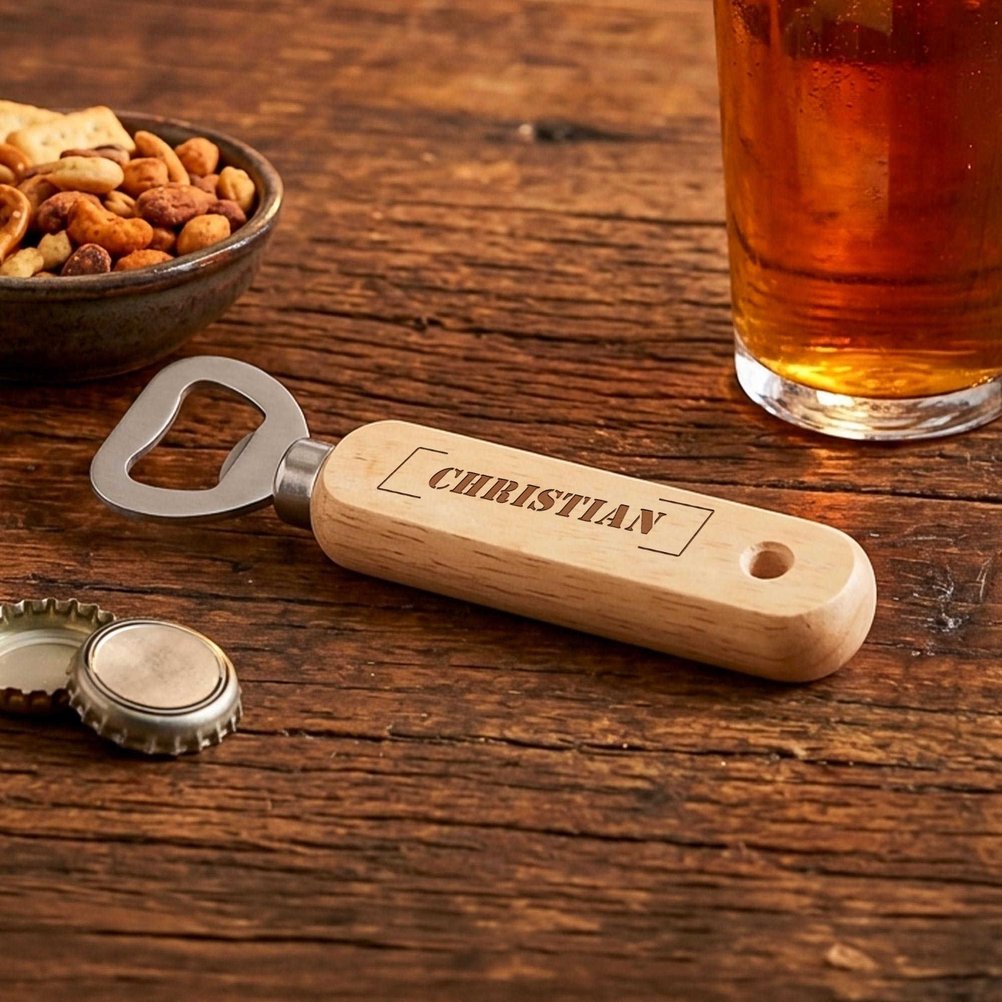 Personalisierter Flaschenöffner aus Holz - Stempel