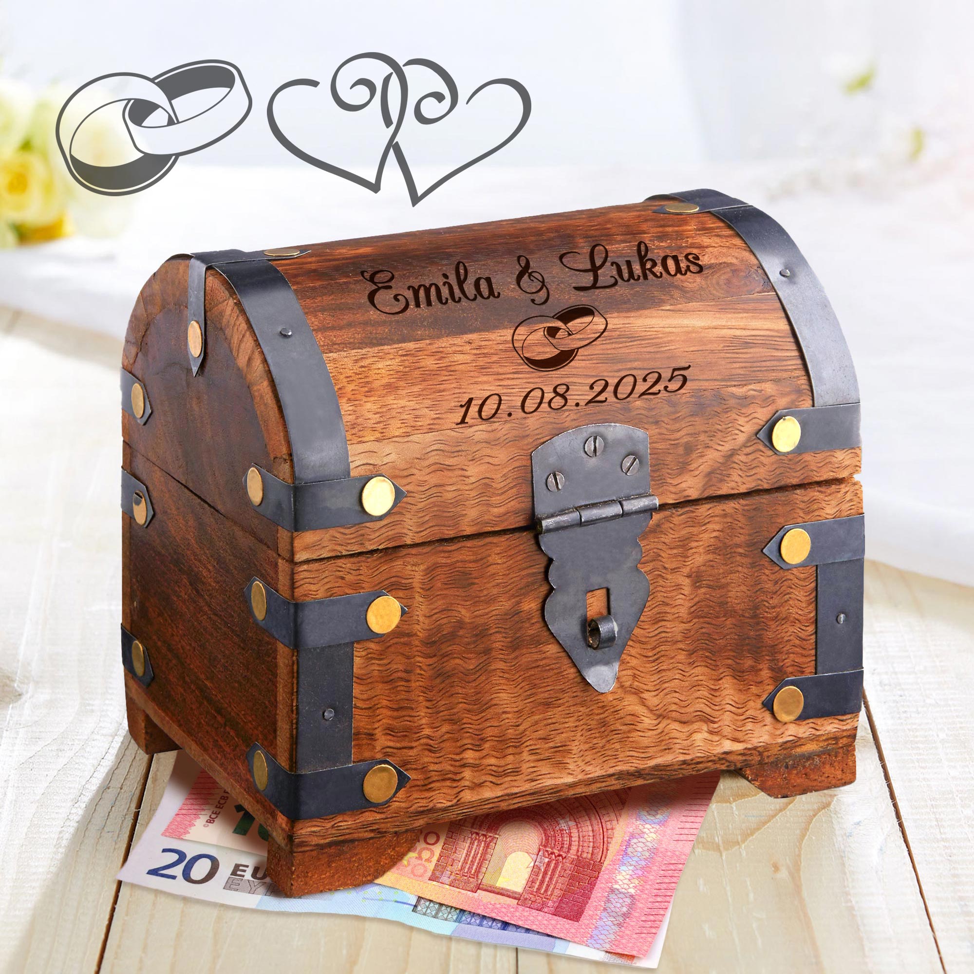 Geld Schatztruhe zur Hochzeit - Dunkel - Herzen/Ringe