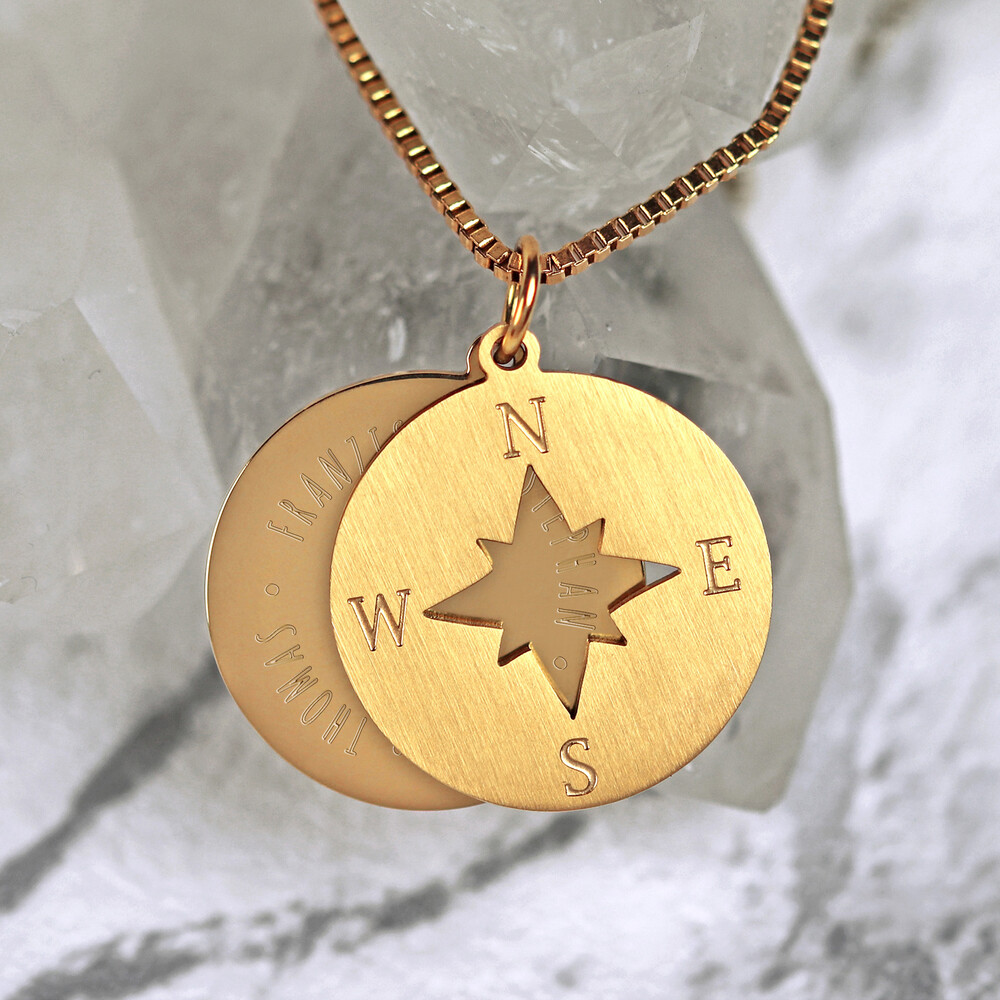 Halskette mit Gravur - Kompass und Namen - Gold - Personalisiert