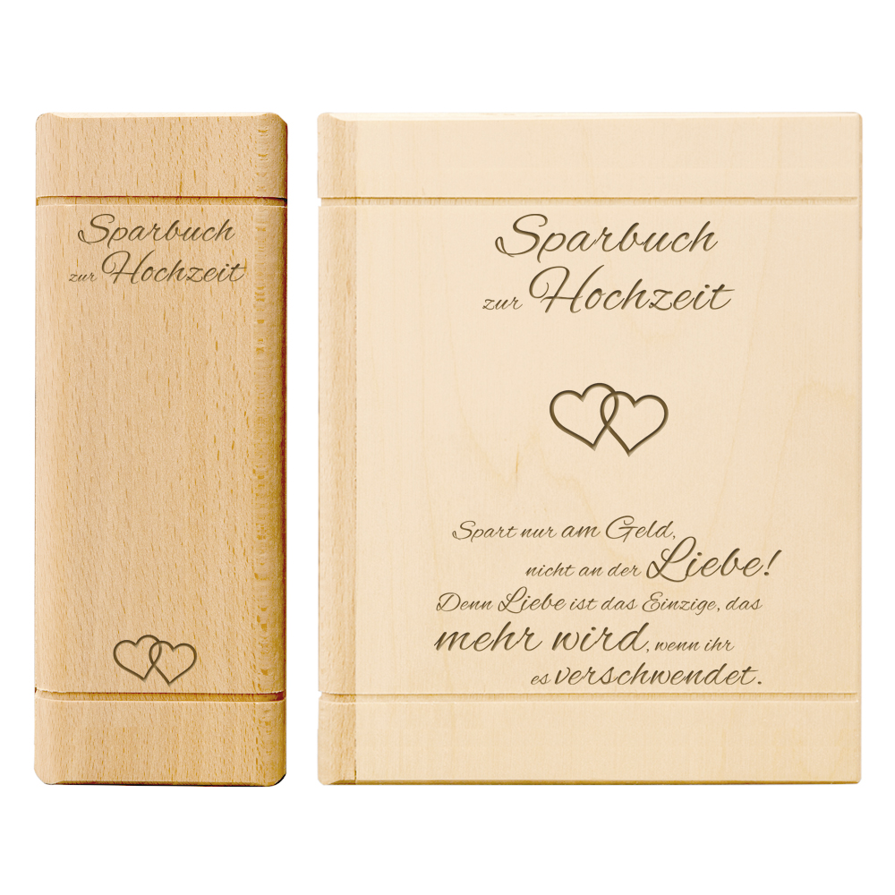 Spardose Buch aus Holz zur Hochzeit mit Spruch - Herzen - Personalisiert