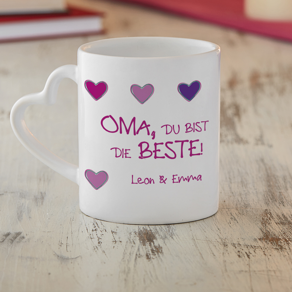 Bedruckte Tasse - Fototasse Beste Oma - Herz Henkel - Personalisiert
