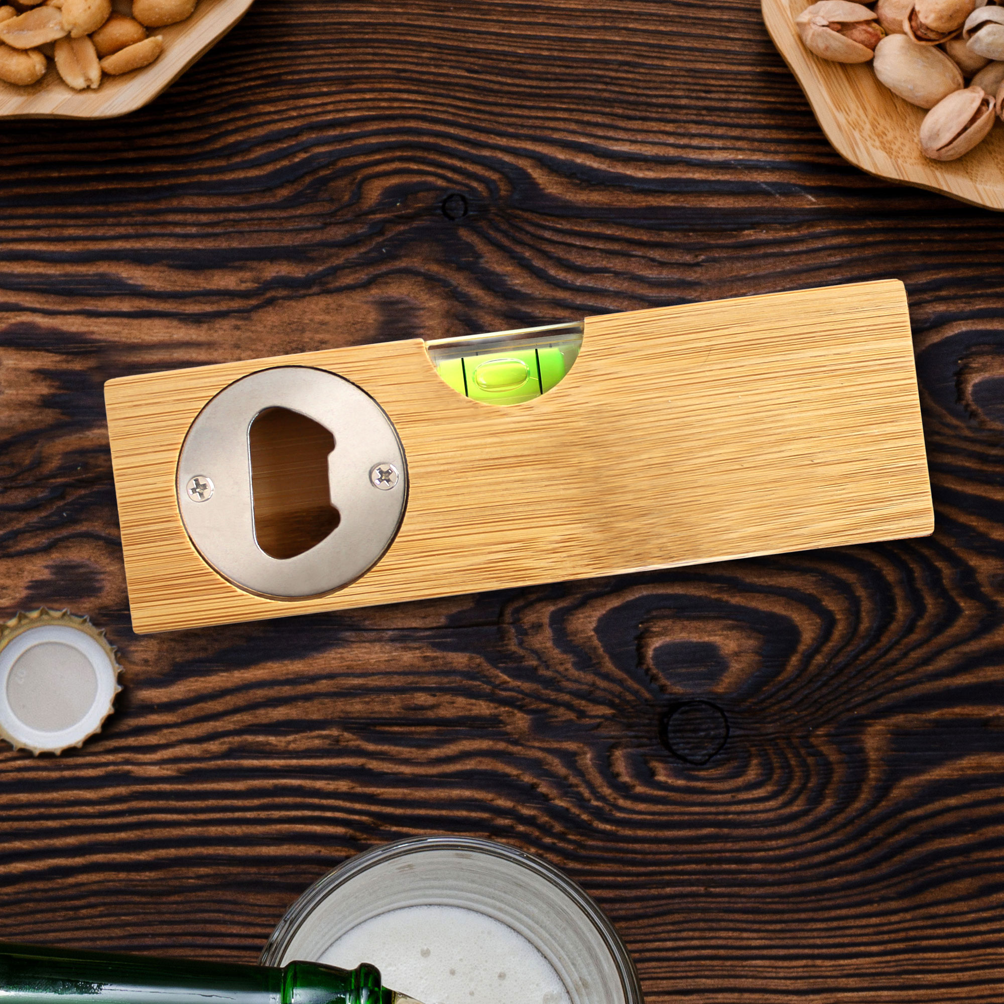 Wasserwaage mit Flaschenöffner aus Holz