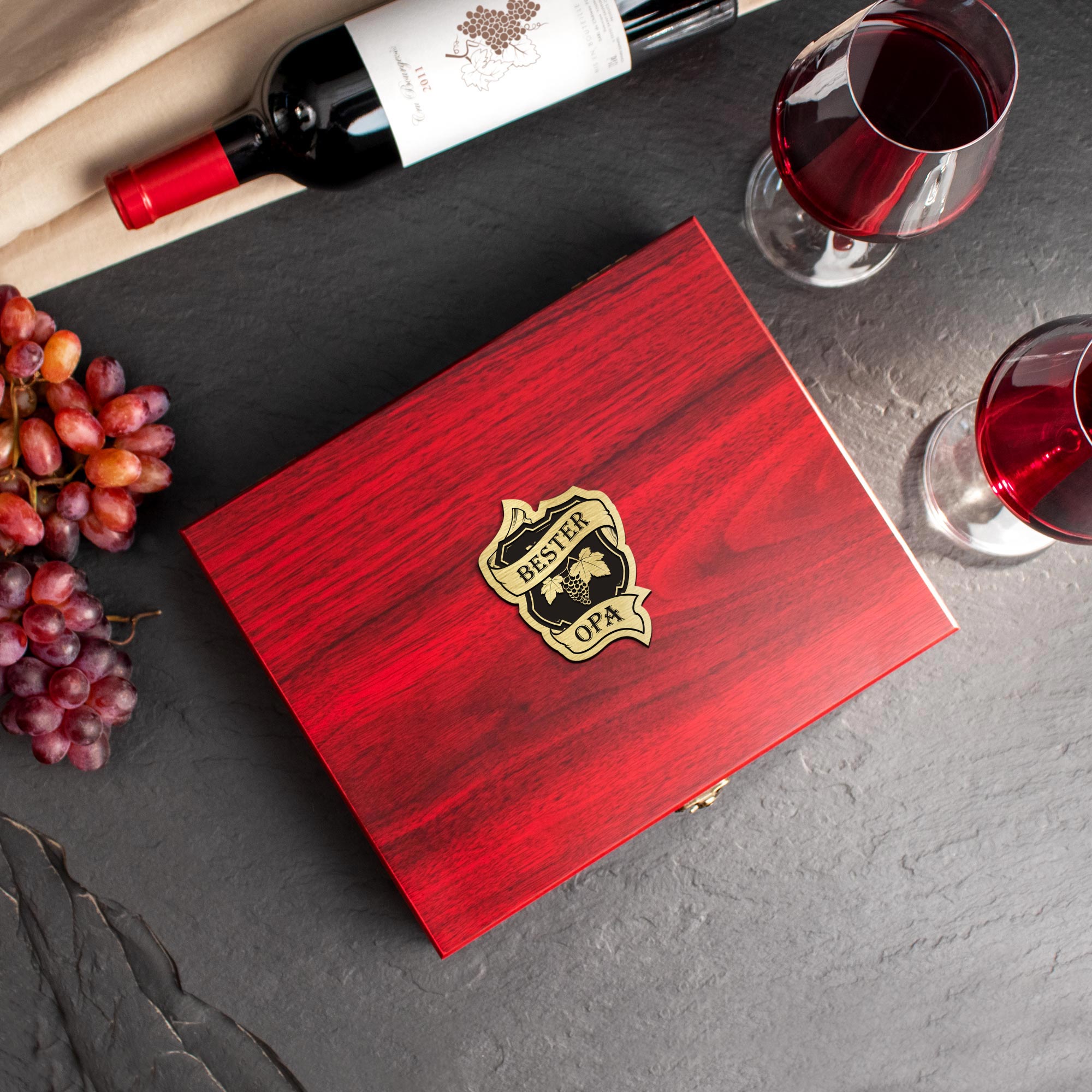 Sommelier Weinset 10-teilig für den besten Opa, Wein Zubehör im Geschenkset mit Gravur, Weinsommelier Set in Holzbox als Geschenk für Weinliebhaber