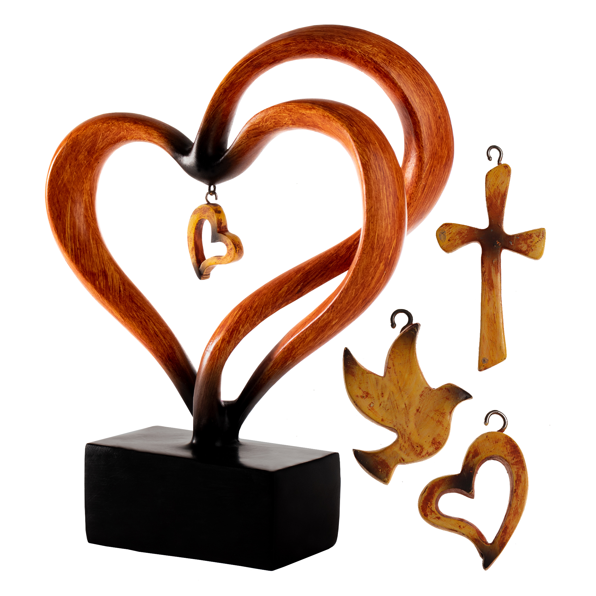 Geschwungene Holz Herz Skulptur - Dekofigur mit Anhängern