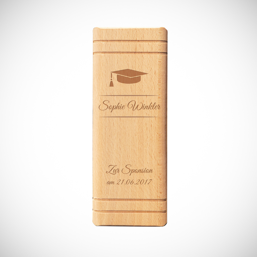 Spardose Buch aus Holz mit Gravur zur Sponsion - Personalisiert