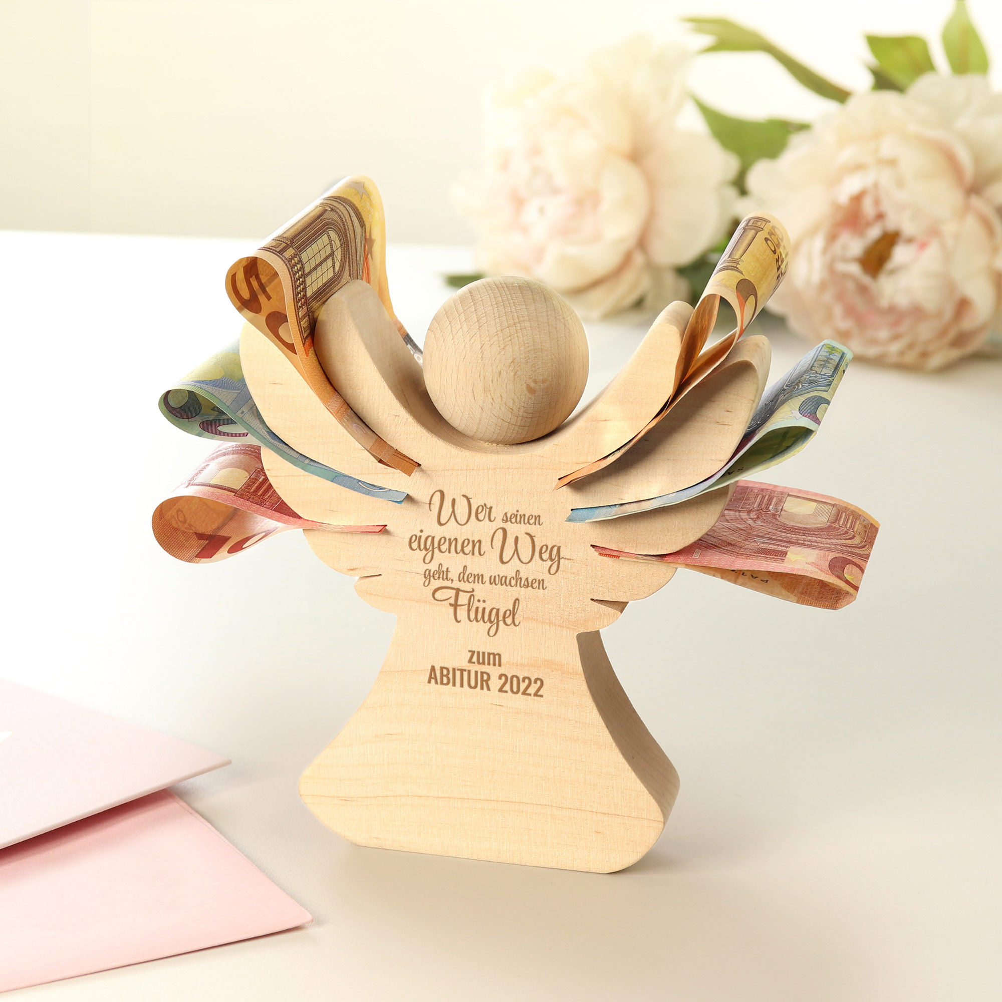 Engel aus Holz mit Gravur zum Abitur Gravierter Schutzengel als Geldgeschenk zum Abitur, Engel aus Holz mit Abijahr Gravur, Engelfigur als Abigeschenk - Geld originell verpacken