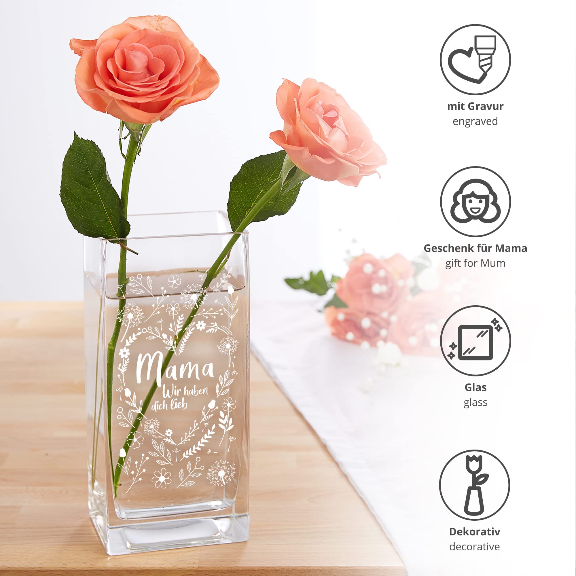 Vase aus Glas mit Gravur für Mama