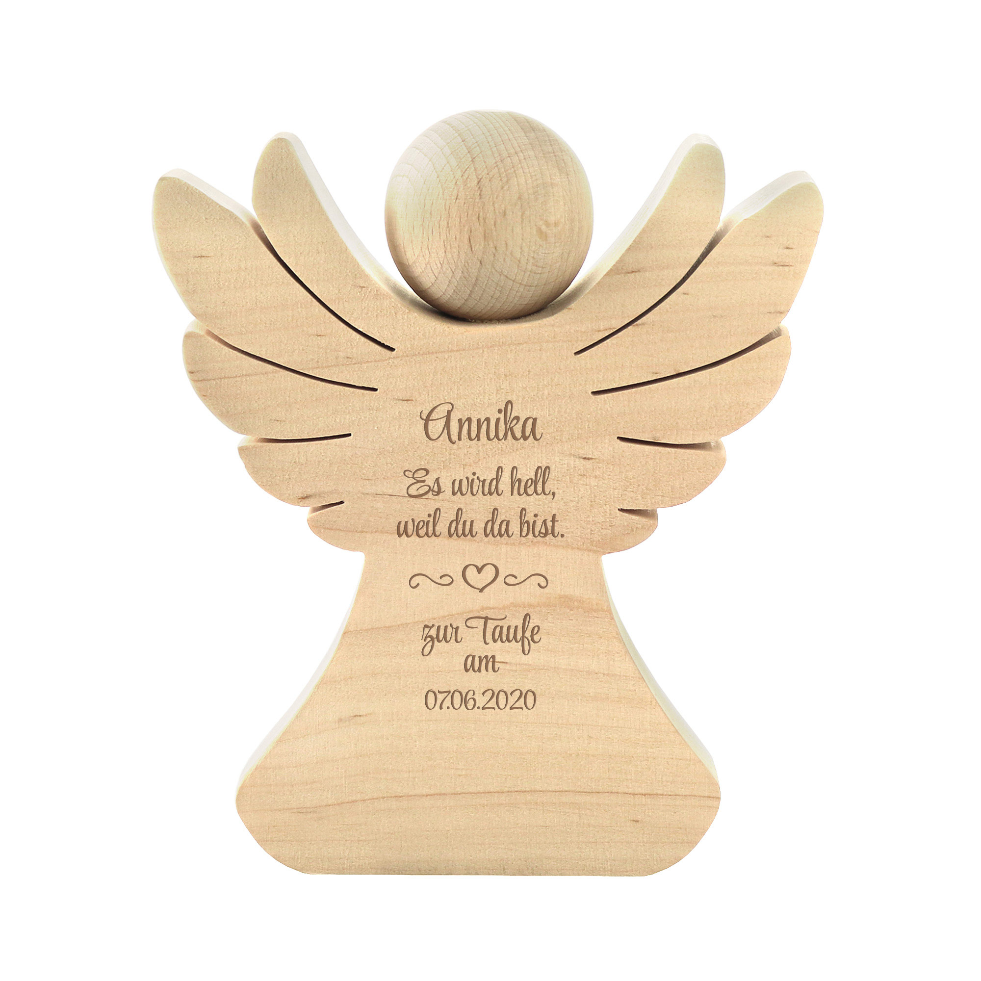 Engel aus Holz mit Gravur zur Taufe - Personalisiert