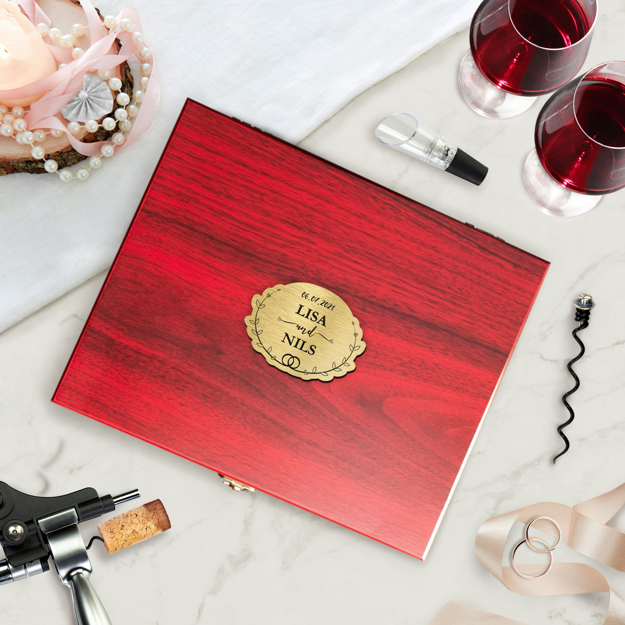 Sommelier Weinset 10-teilig als Hochzeitsgeschenk für Weinliebhaber, Wein Zubehör im Geschenkset mit Namensgravur, Weinsommelier Set in Holzbox