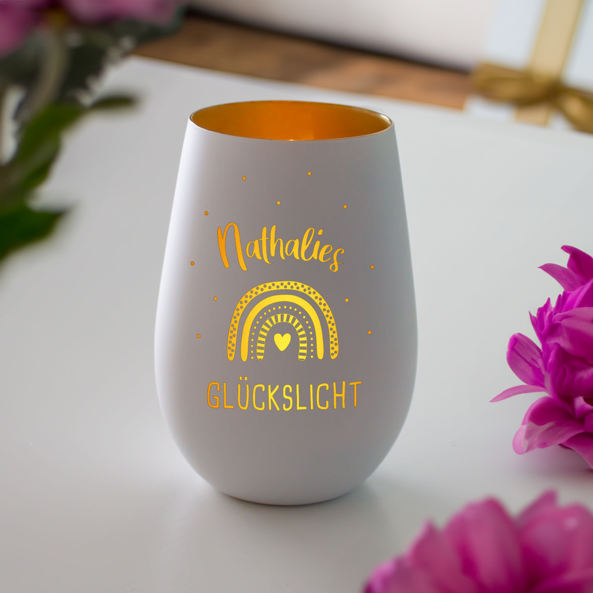 Windlicht mit Gravur Glückslicht - Weiß Windlicht mit Gravur Glückslicht - Weiß