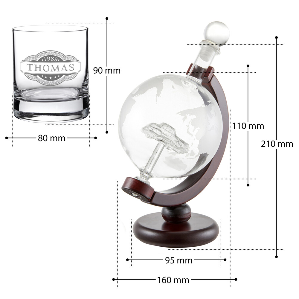 Whiskyset - Karaffe Globus mit Auto und Whiskyglas - Banderole - Personalisiert