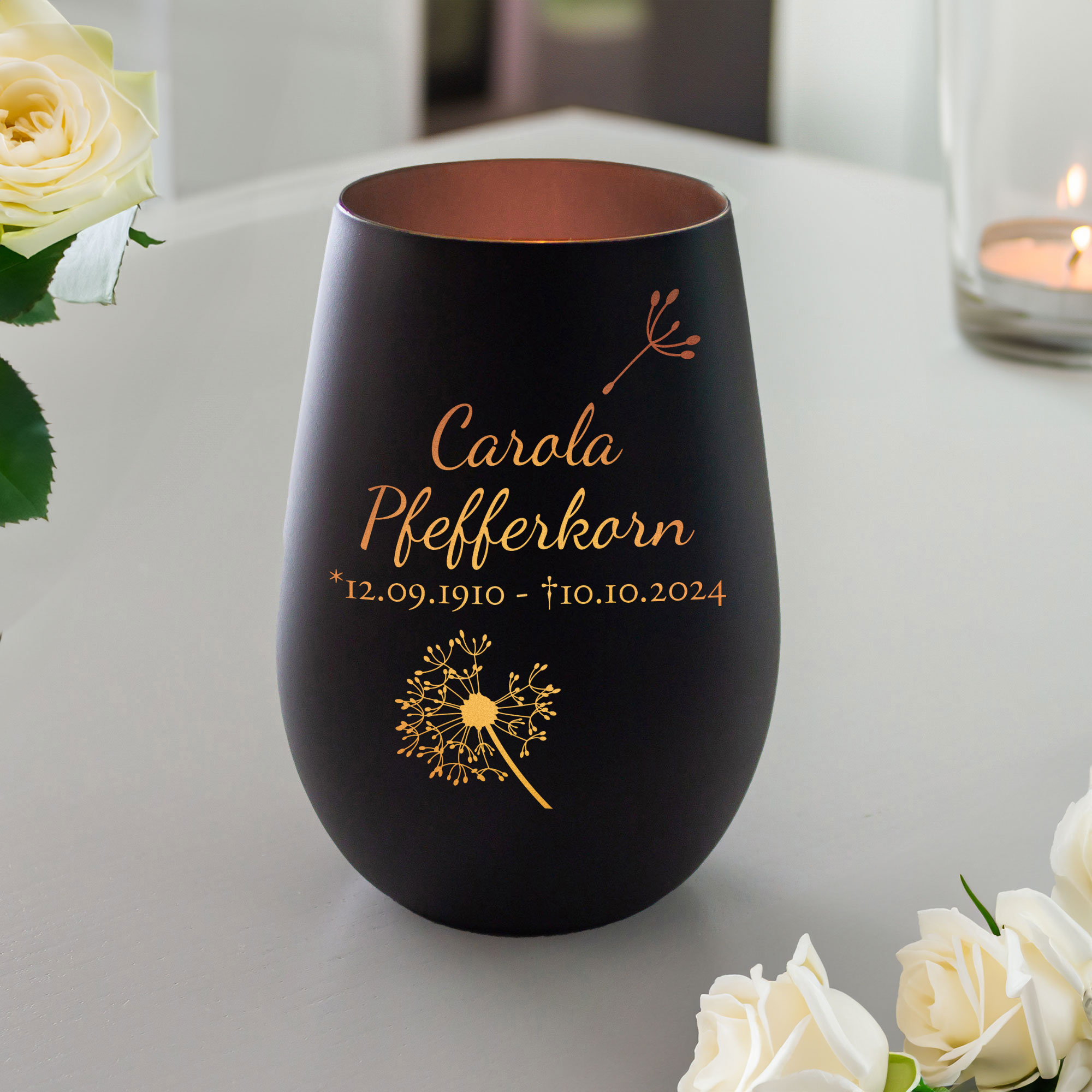 Windlicht mit Trauerblume Gravur - Schwarz Bronze