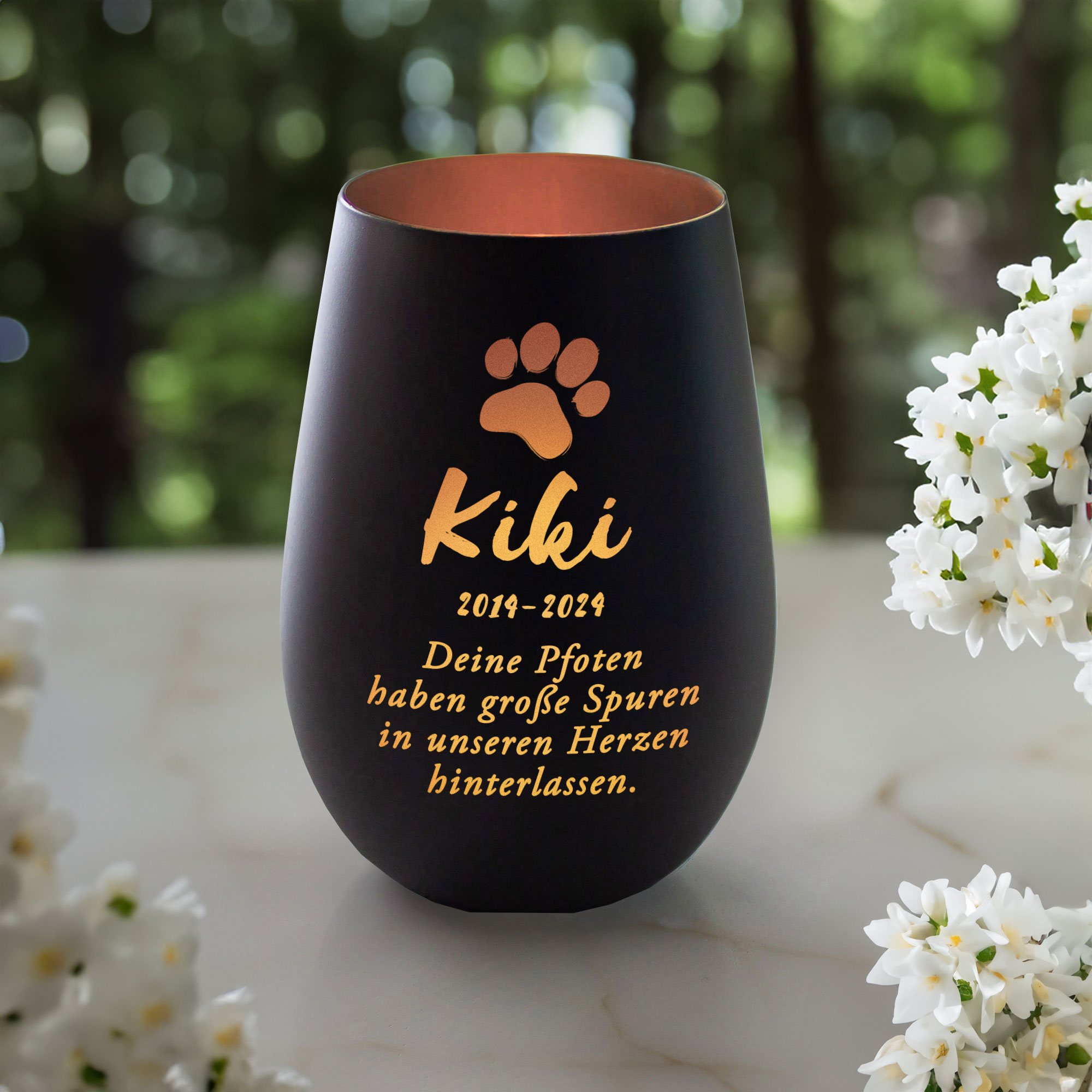Windlicht mit Trauer Gravur für Katze - Schwarz Bronze