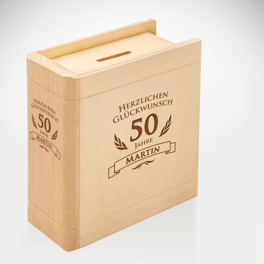 Spardose Buch aus Holz zum 50. Geburtstag - Personalisiert
