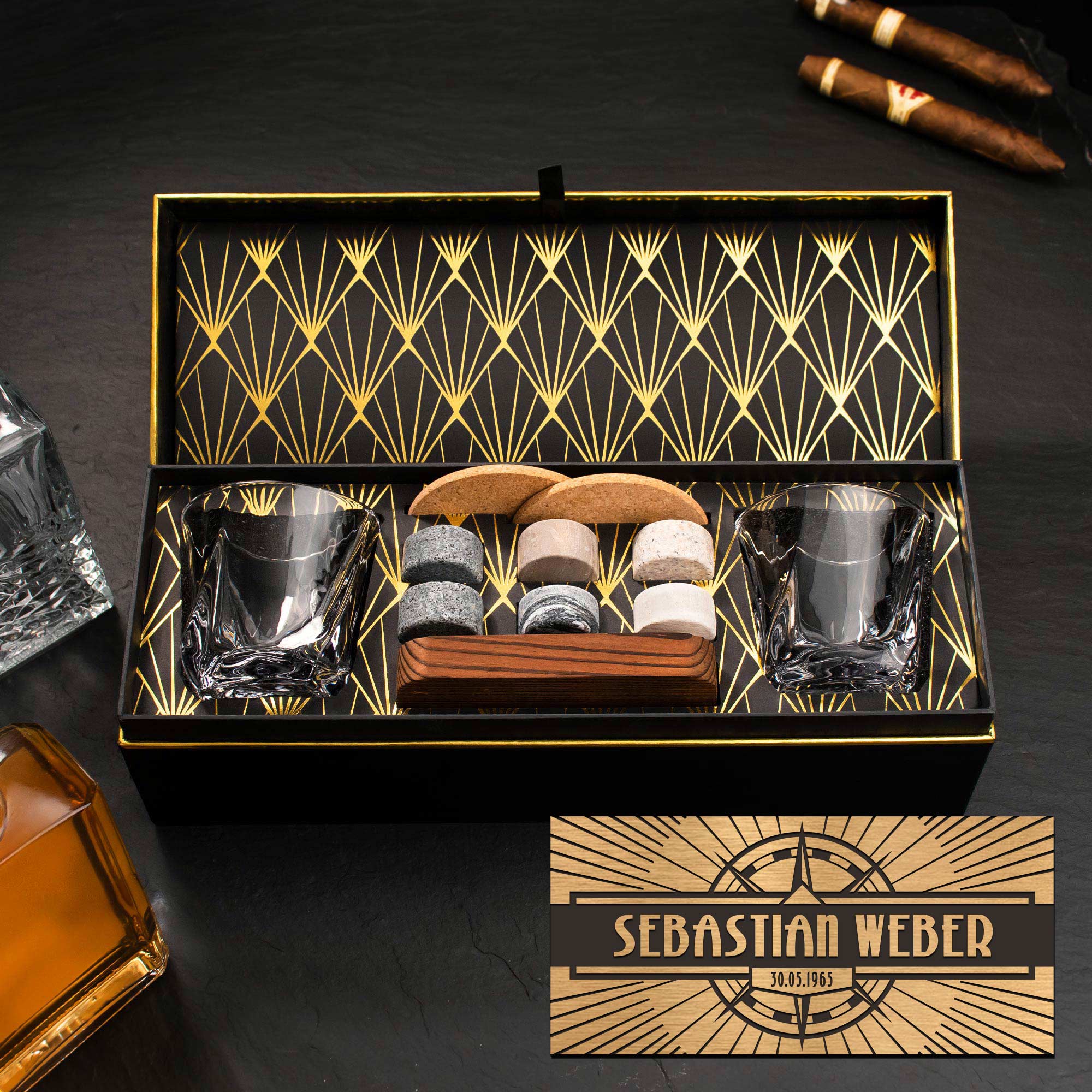Whisky Set in edler Geschenkbox mit Gravur - Kompass