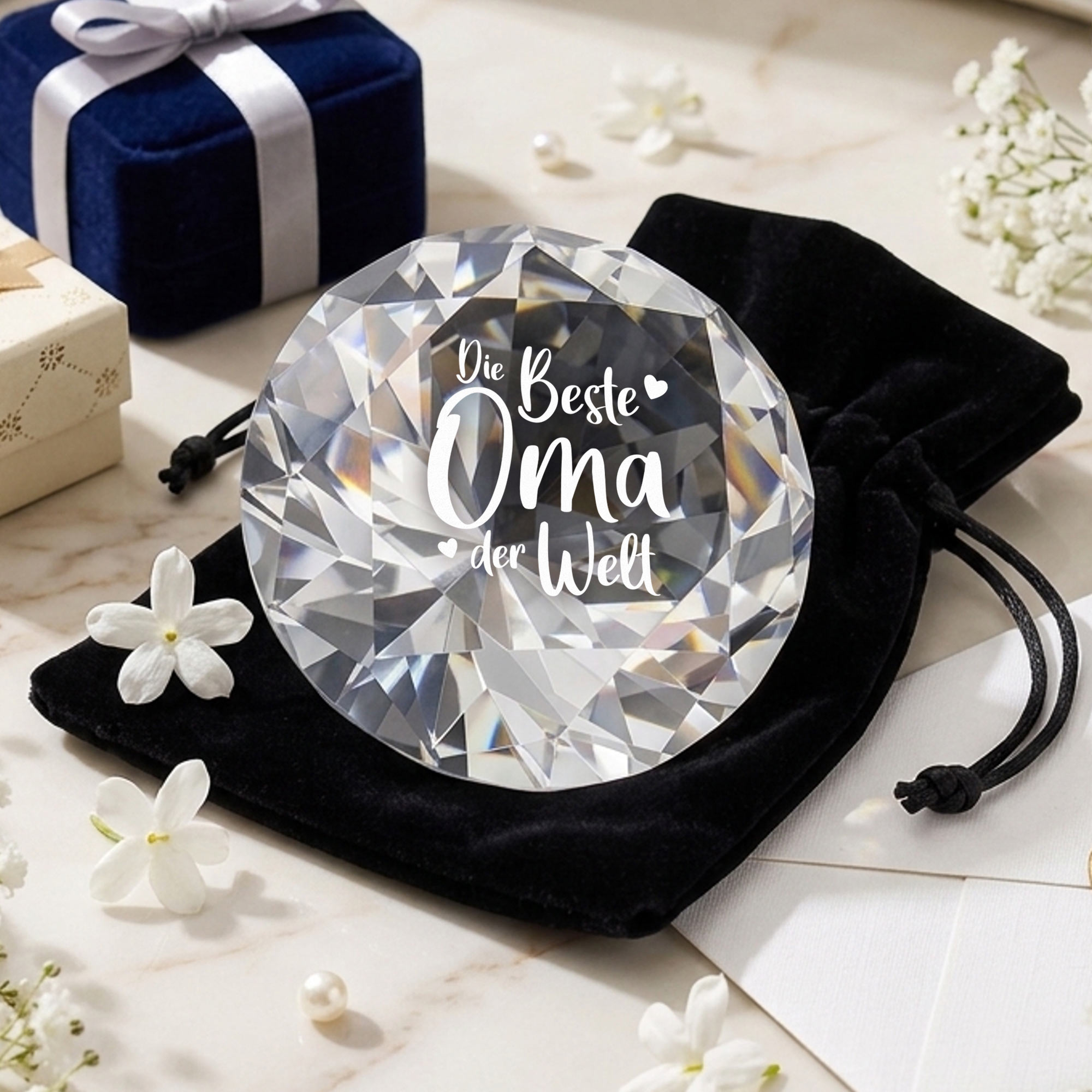 Diamant Kristall mit Gravur und Samtsäckchen - Beste Oma