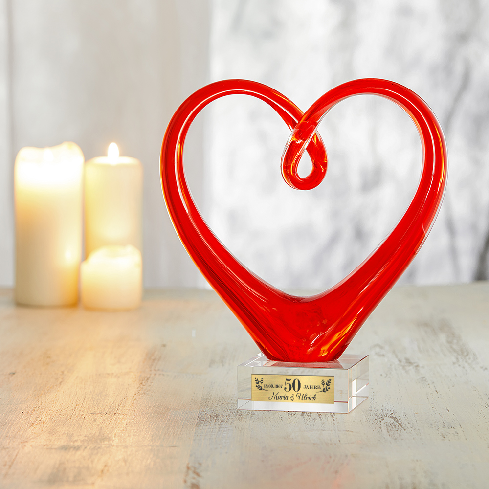 Herz aus Glas mit Gravur zur Goldenen Hochzeit - Personalisiert