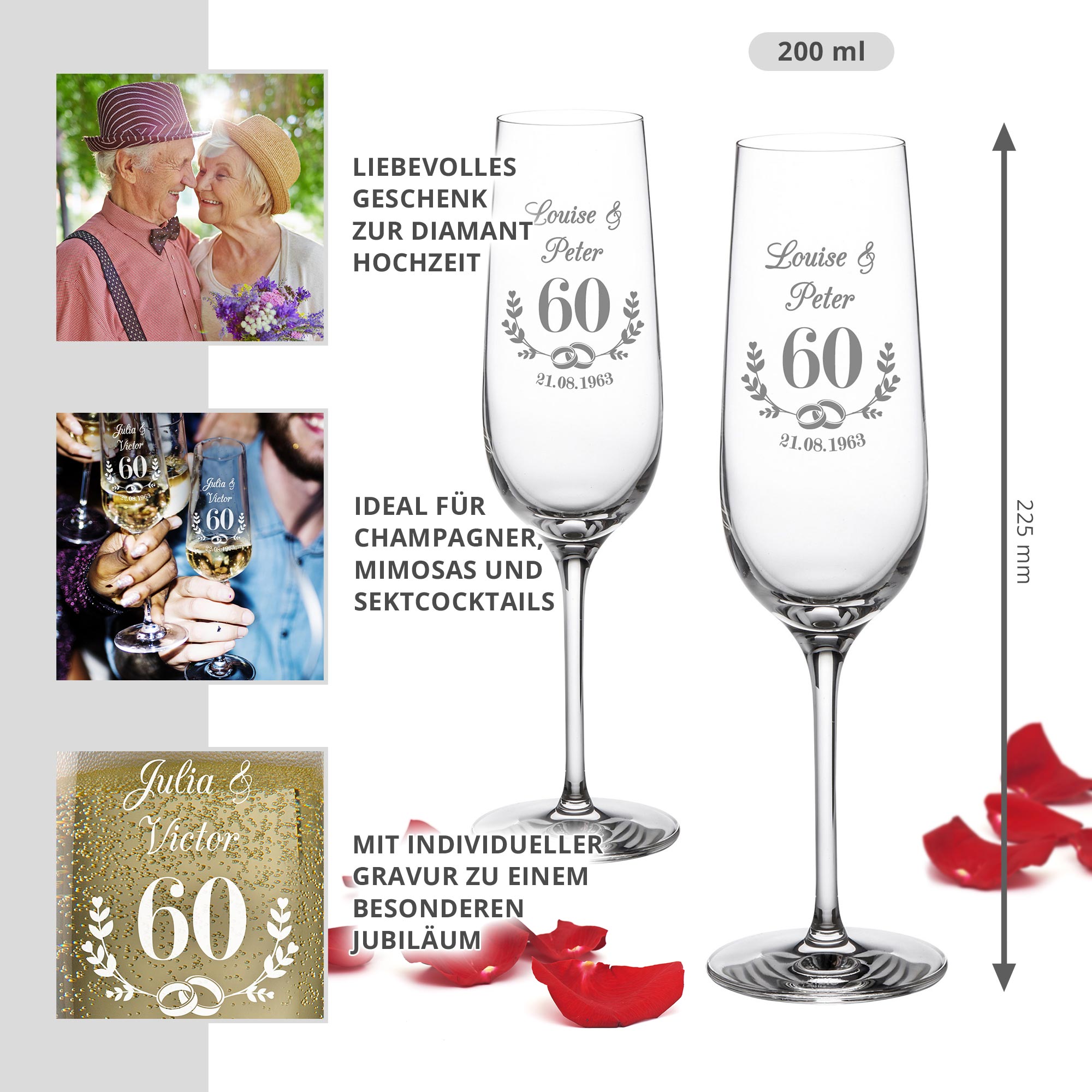 2er Set Sektgläser - Diamant Hochzeit - Personalisiert