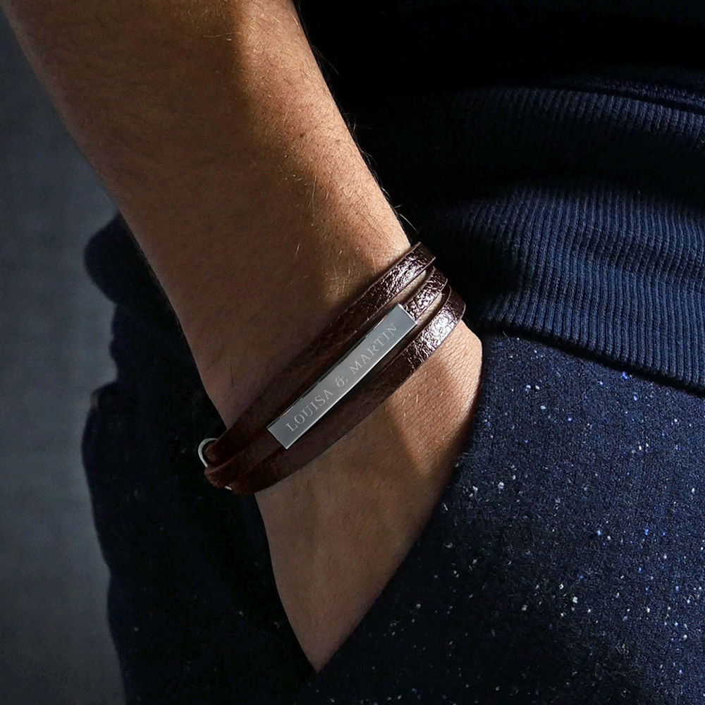 Lederarmband - 3er schmal - Braun - 2 Namen - Personalisiert
