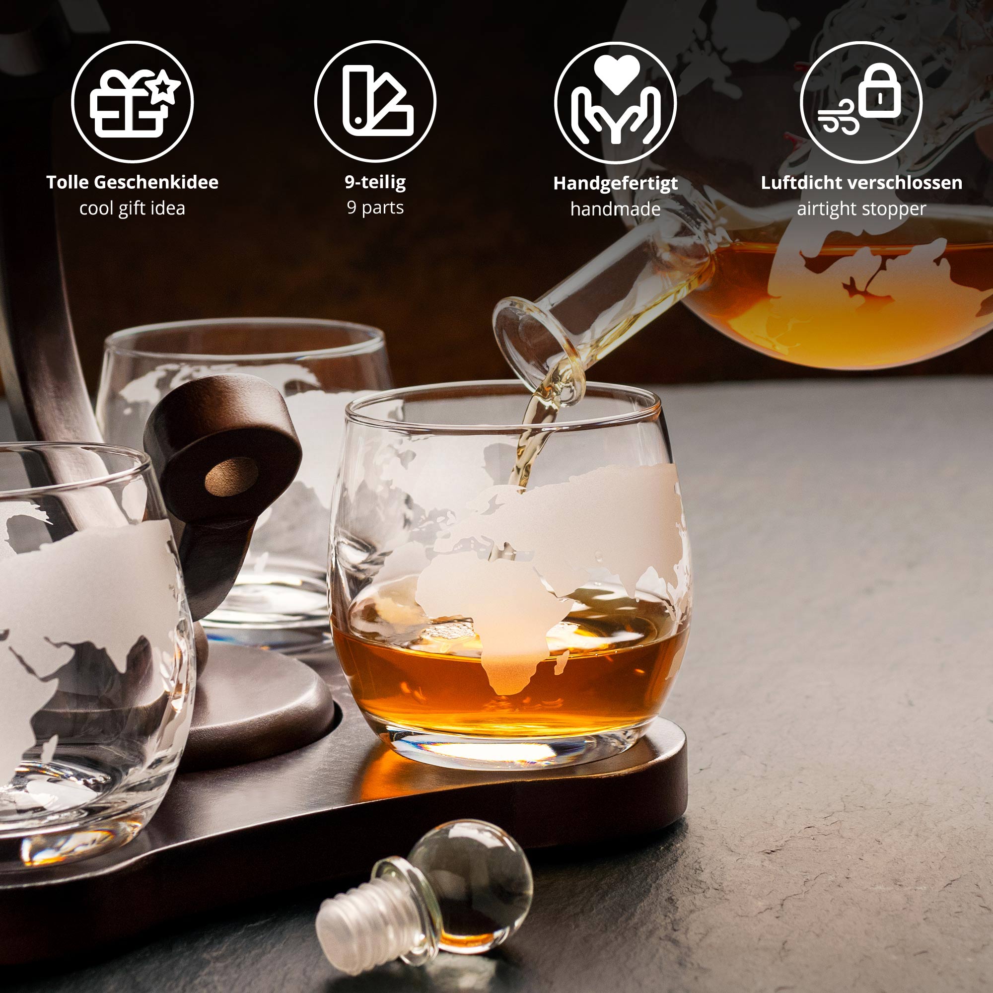 Whisky Set - Karaffe Globus mit Schiff und 4 Gläsern