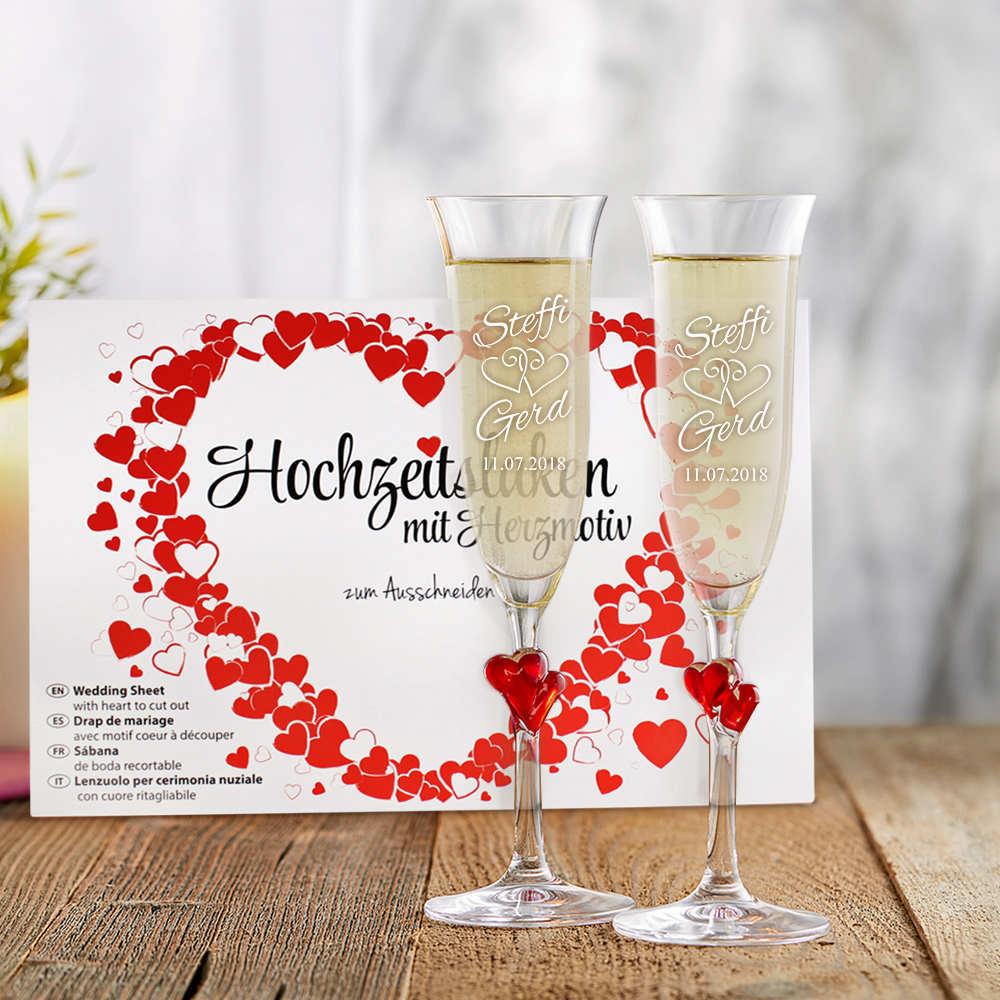 Hochzeitsset - Hochzeitslaken und Herz Sektgläser mit Gravur zur Hochzeit