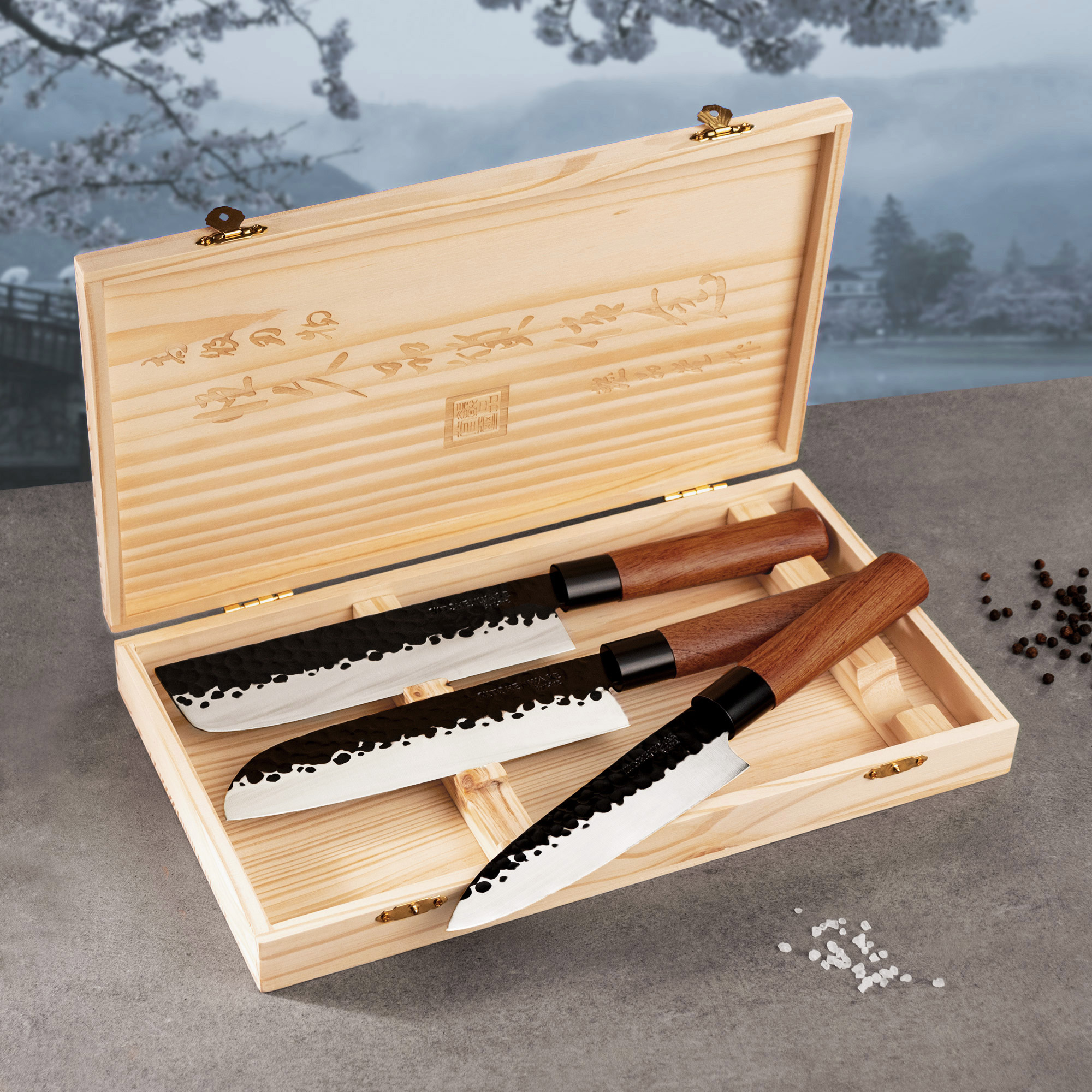 Küchenmesser in Holzbox mit Gravur - 3er Set