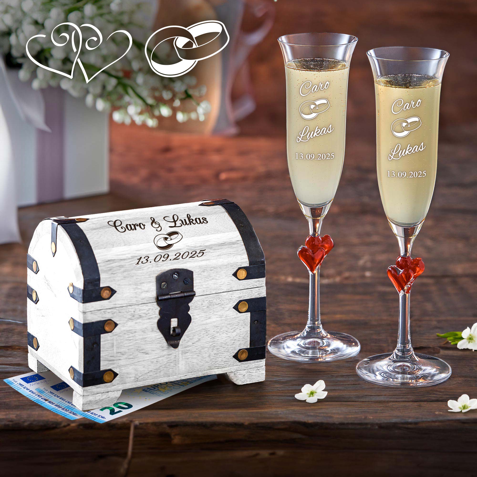 Hochzeitsset - Schatztruhe Weiß und Herz Sektgläser mit Gravur zur Hochzeit