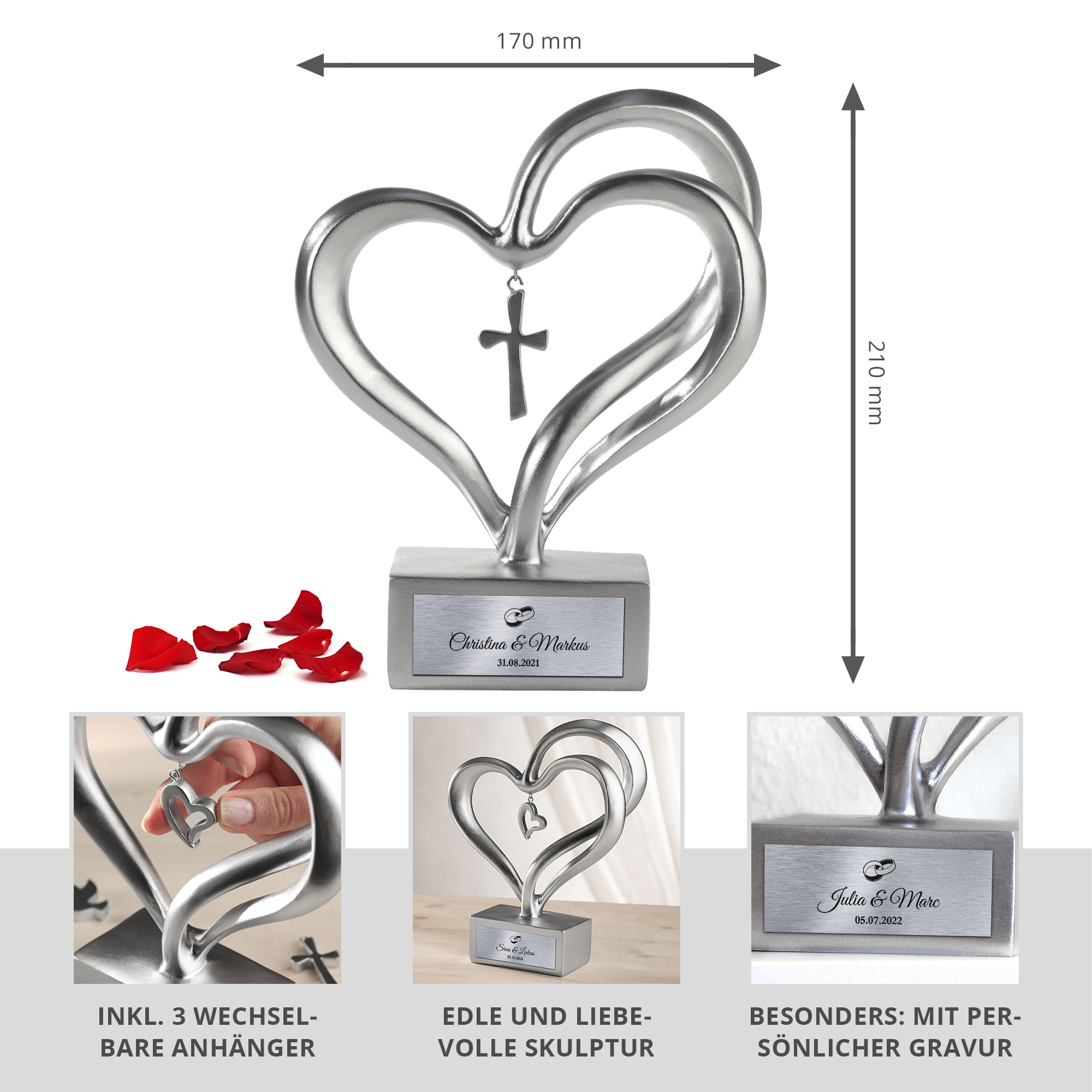 Dekofigur in verschlungener Herzform, Gravierte Deko Skulptur mit Namen und Hochzeitsdatum, Herz Deko mit Ringmotiv als Hochzeitsgeschenk