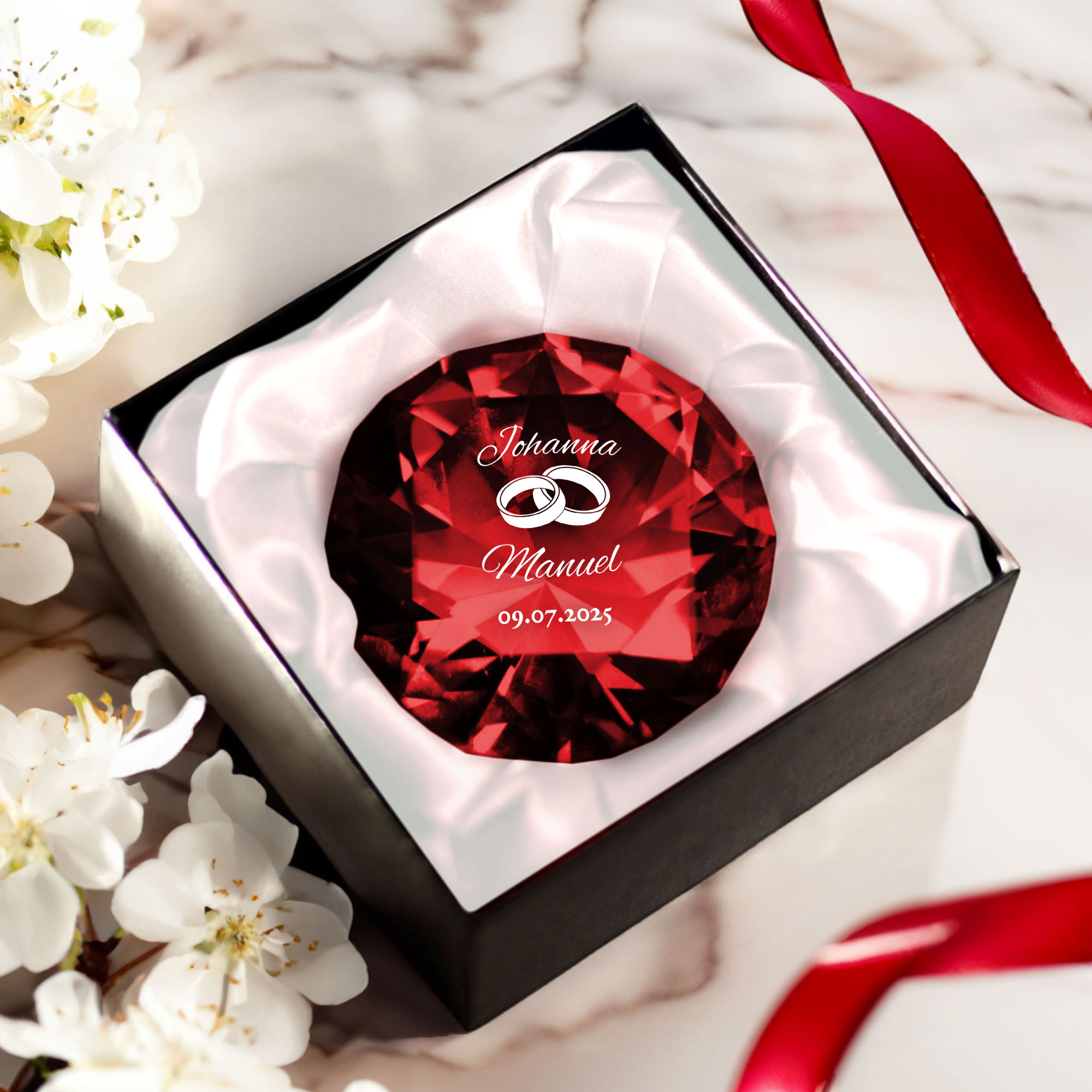 Diamant Kristall mit Gravur zur Hochzeit - Rot