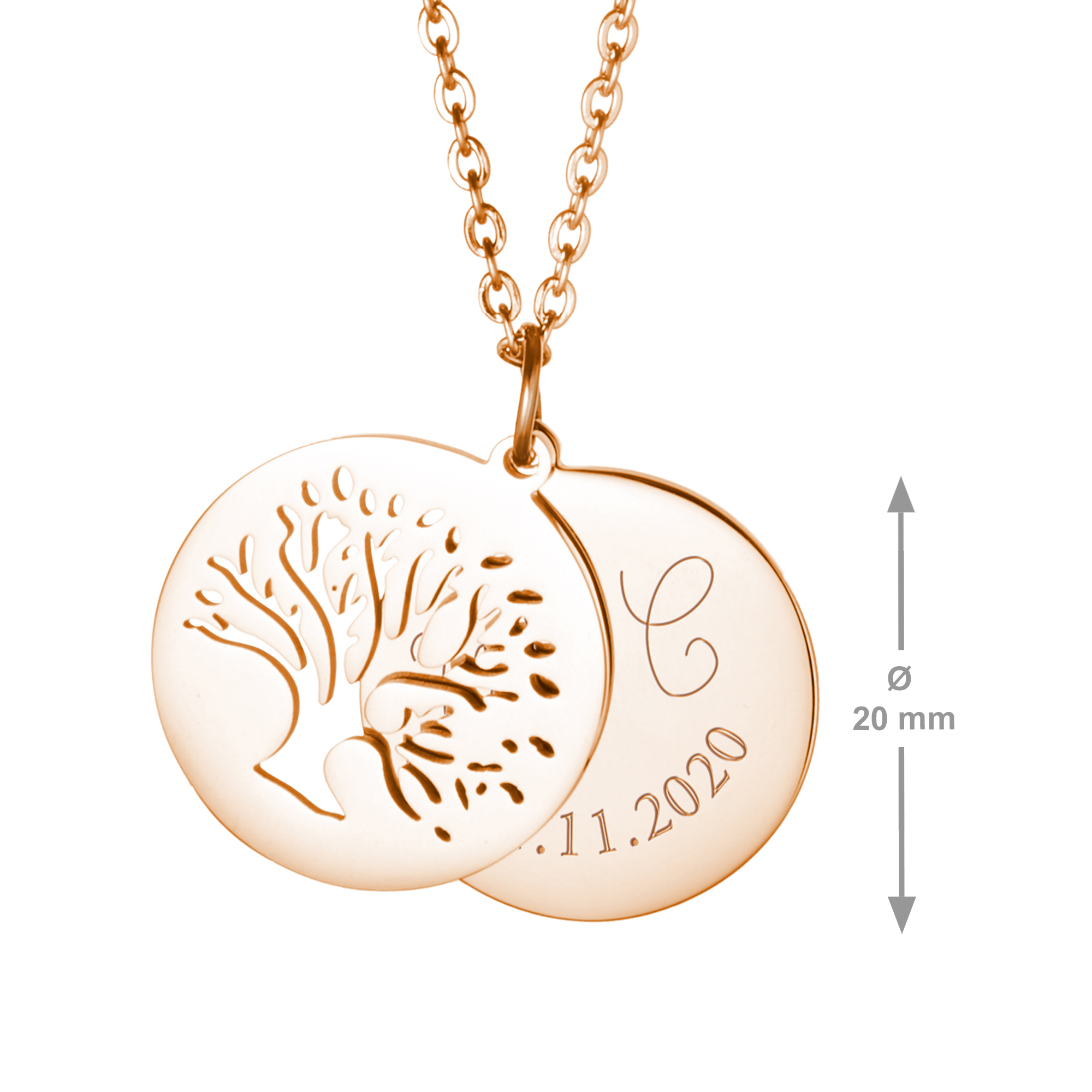 Damen Halskette mit Gravur in Gold Baum mit Initialen