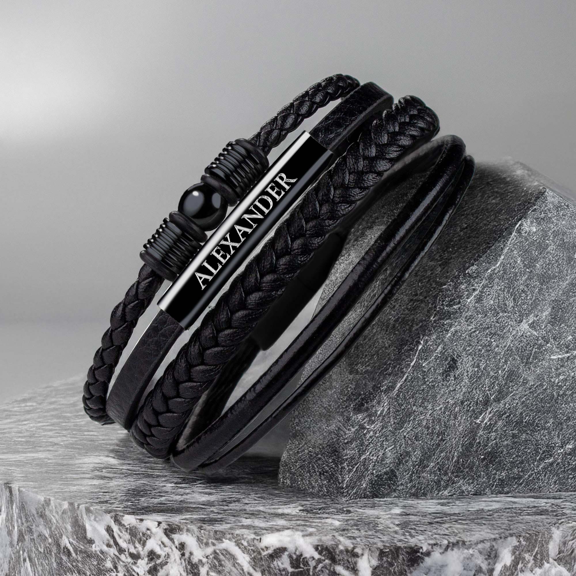 Geflochtenes Herrenarmband mit Beads Schwarz - mit Gravur