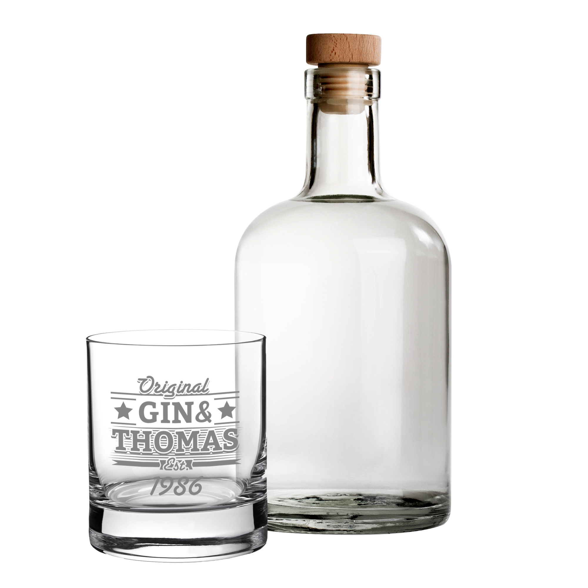 Personalisiertes Ginset mit Glaskaraffe und Ginglas mit Gravur