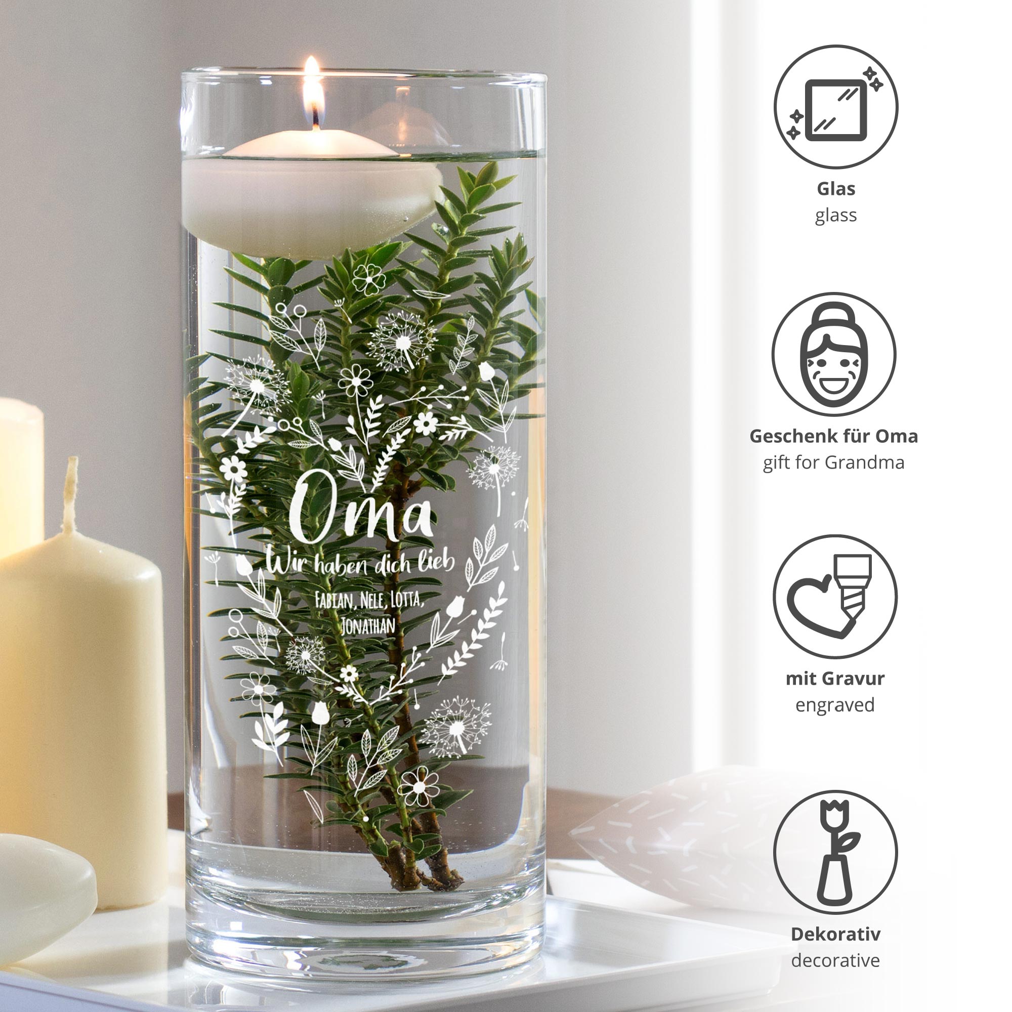 Vase - Rund - Blumenherz Oma - Personalisiert