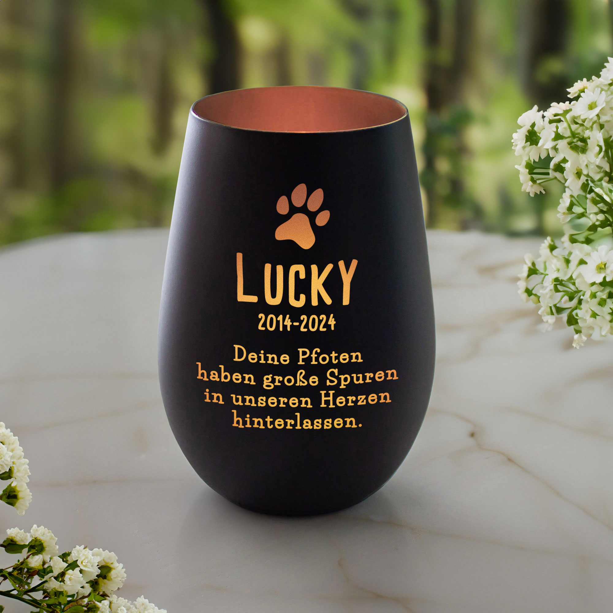 Windlicht mit Trauer Gravur für Hund - Schwarz Bronze