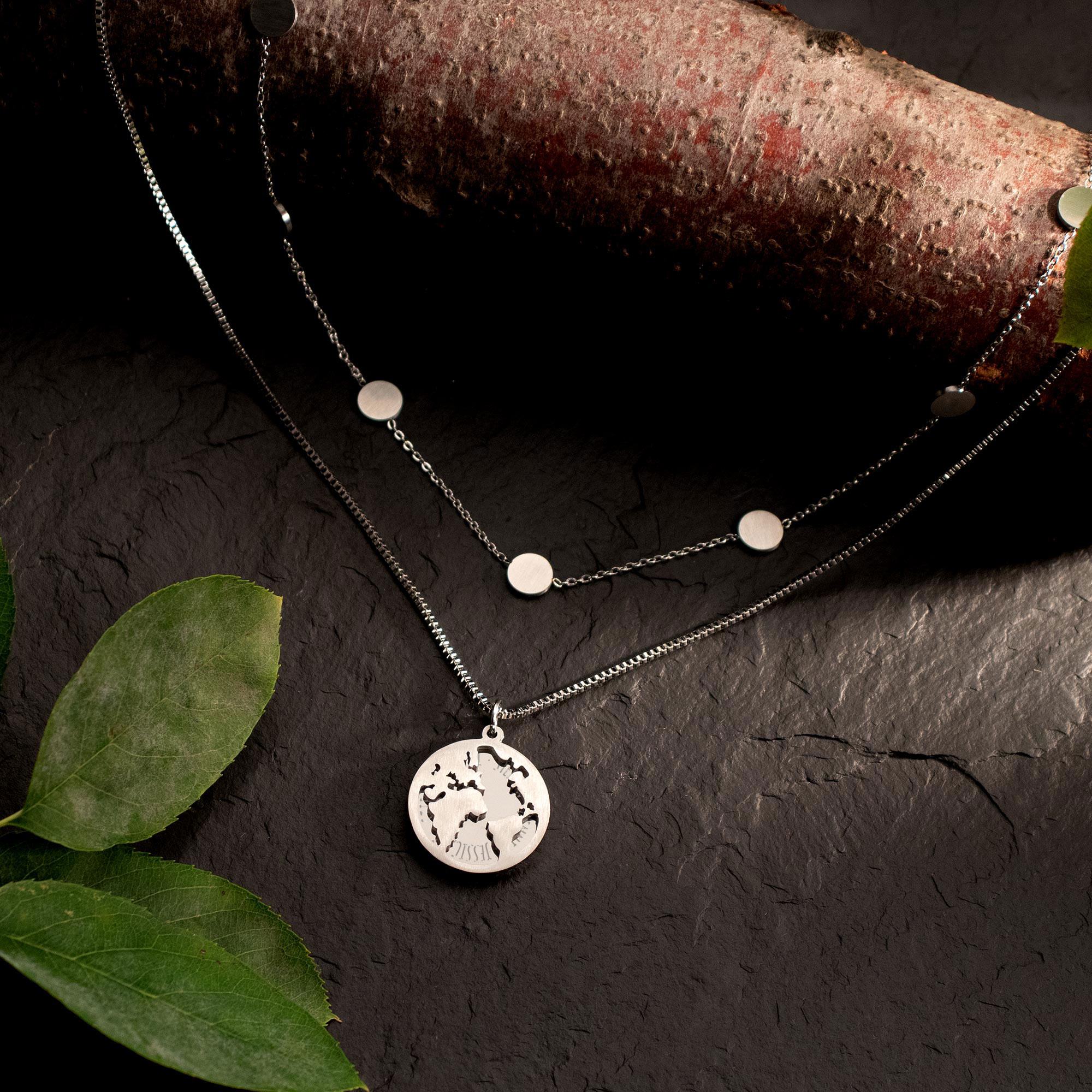 Schmuckset Silber mit Globus und Layering Kette - Namen