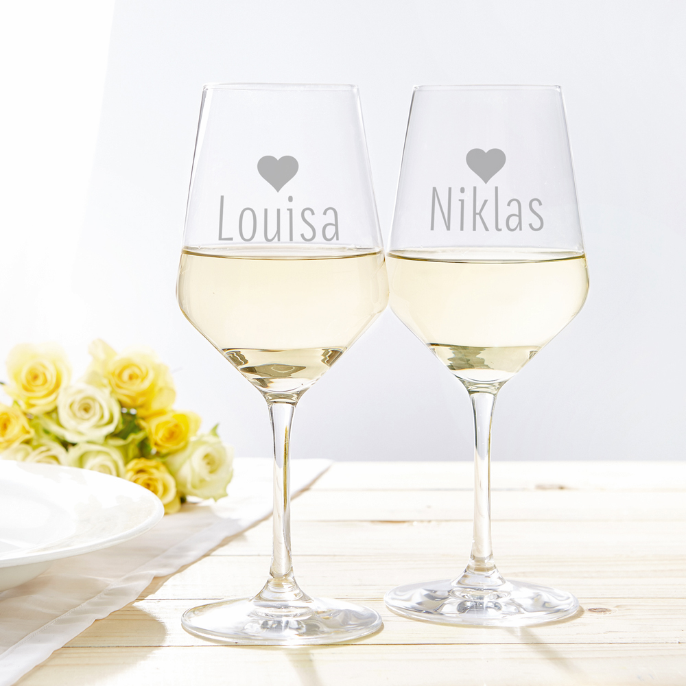 Weinglas mit Gravur Herzen Personalisiert 2er Set Weißweinglas