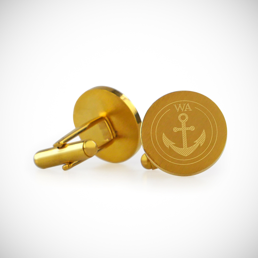 Manschettenknöpfe mit Gravur - Rund - Initialen - Anker - Gold