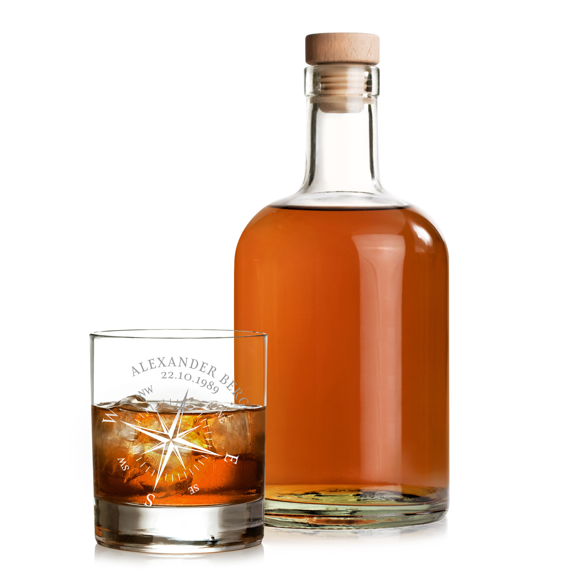 Whiskyset - Glaskaraffe und Whiskyglas - Kompass - Personalisiert