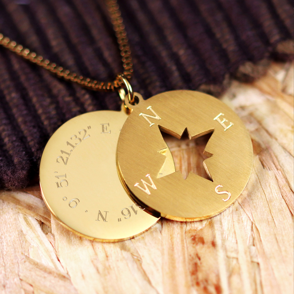Halskette mit Gravur - Kompass und Geokoordinaten - Gold - Personalisiert